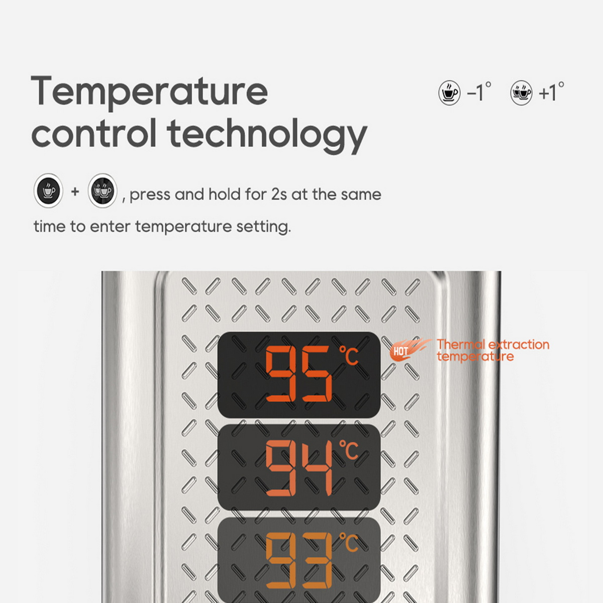 Obraz przedstawia urządzenie do kontroli temperatury z trzema cyfrowymi wyświetlaczami pokazującymi temperaturę w stopniach Celsjusza oraz tekstem wskazującym ustawienie temperatury.