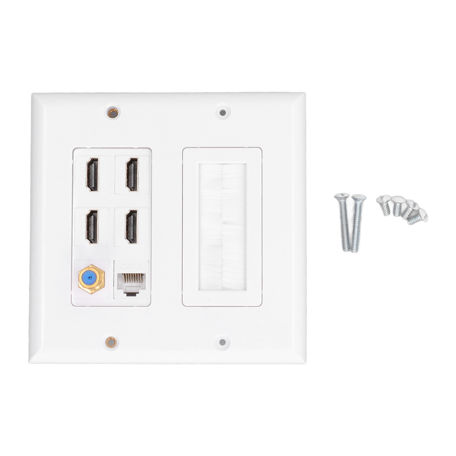 Weiße Wandplatte mit HDMI-Anschlüssen, Kabelführung und Schrauben. Enthält einen Koaxial- und Ethernet-Anschluss.