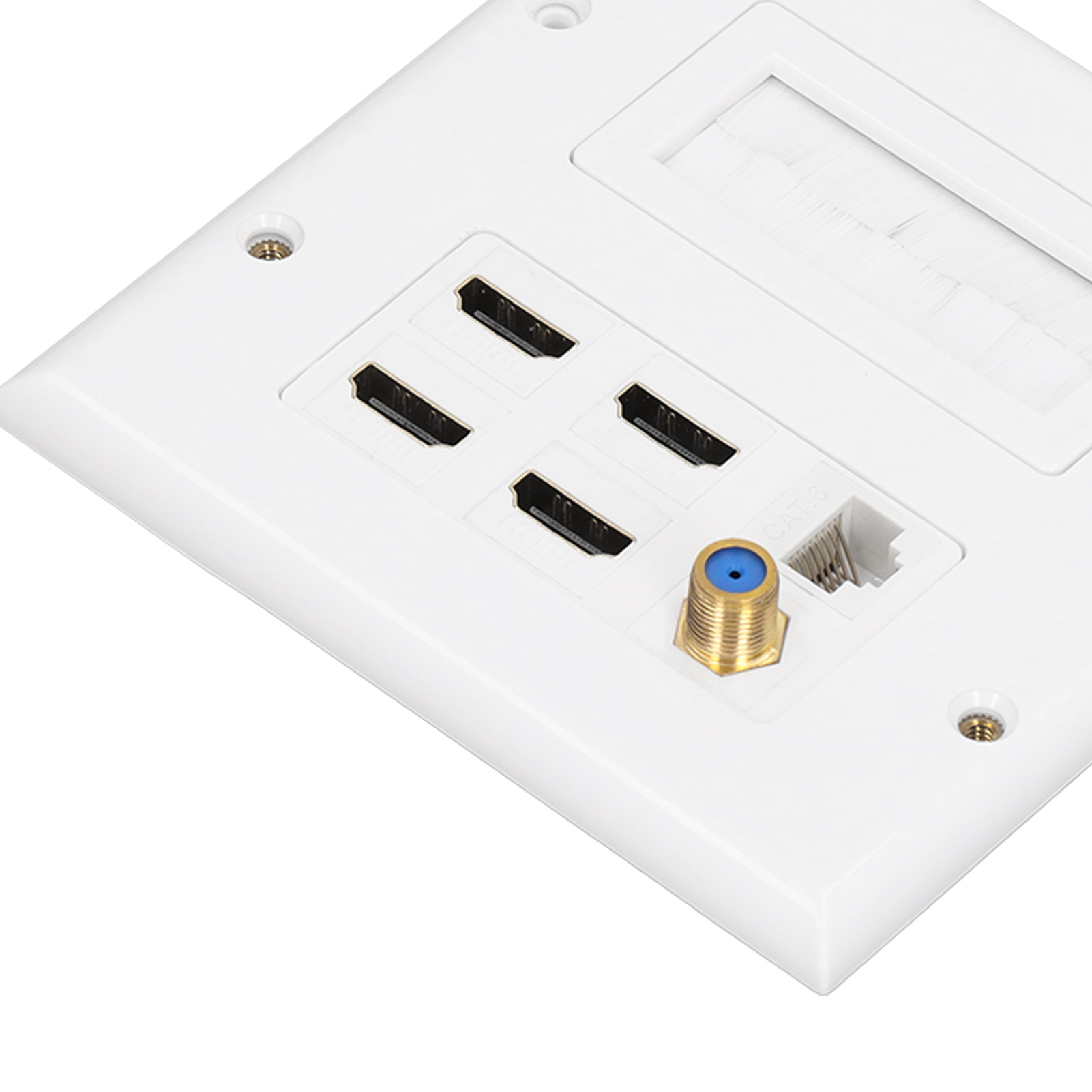 Weiße Wandplatte mit vier HDMI-Anschlüssen, einem Koaxialanschluss und einem CAT6-Anschluss. Ein Kabeldurchlass ist ebenfalls sichtbar.