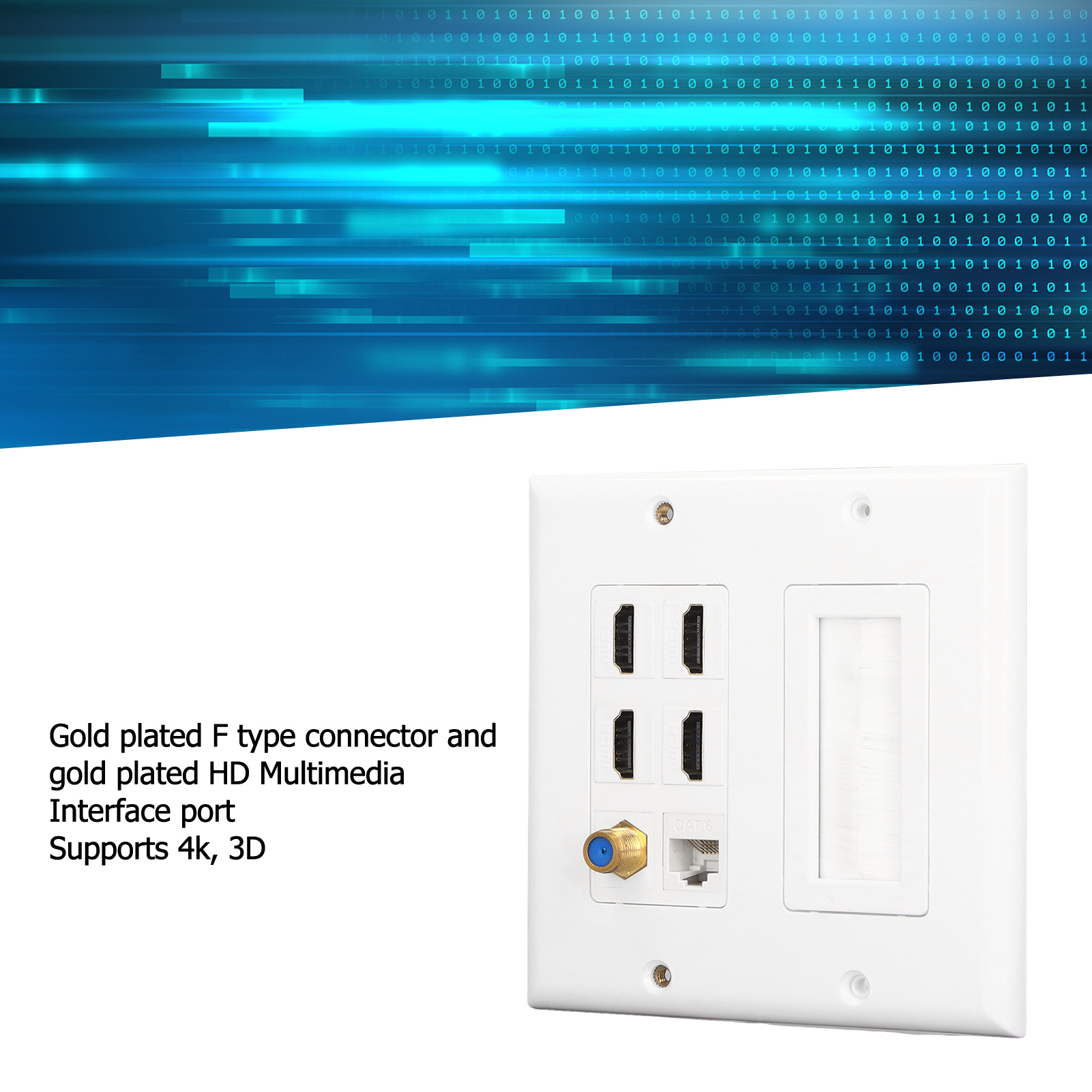 Weiße Wandplatte mit HDMI-, F-Typ- und Ethernet-Anschlüssen. Unterstützt 4K und 3D. Blaue und goldfarbene Anschlüsse. Binärcode-Hintergrund.