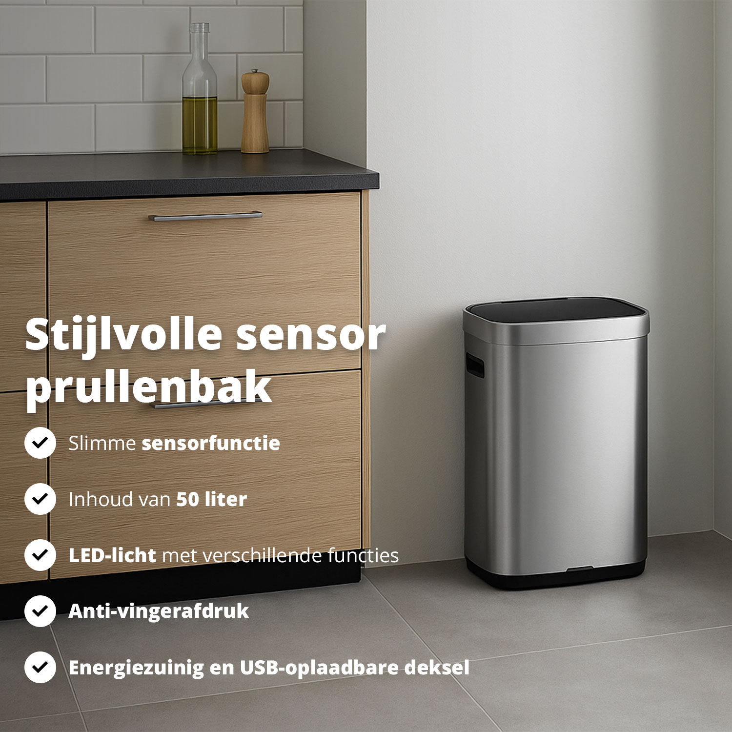 A stainless steel sensor trash can is next to a wooden cabinet in a kitchen. Text highlights features.