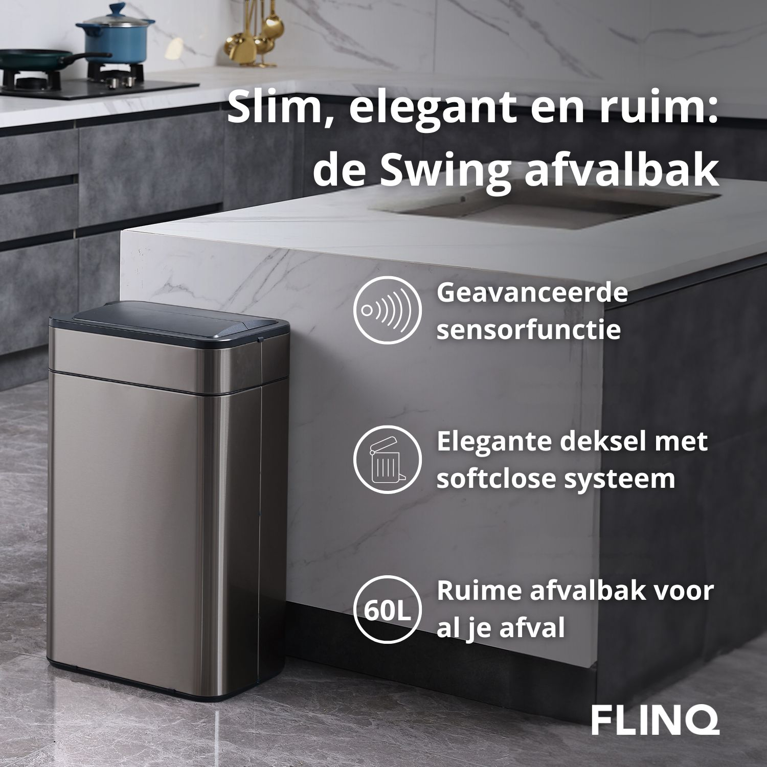 A stainless steel trash can stands in a modern kitchen. Text highlights features: sensor, soft-close lid, and 60L capacity. 