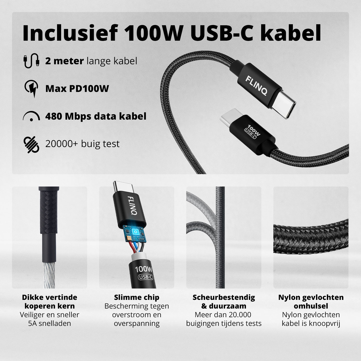 Câble USB-C noir avec texte blanc, détails : 2m, 100W, 480 Mbps, 20000+ tests de pliage, noyau en cuivre épais, puce intelligente.