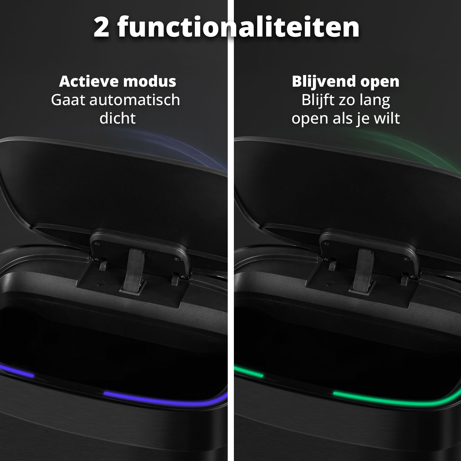 Image shows a trash can with two operational modes: automatic closing and stay-open. Displays text in Dutch.