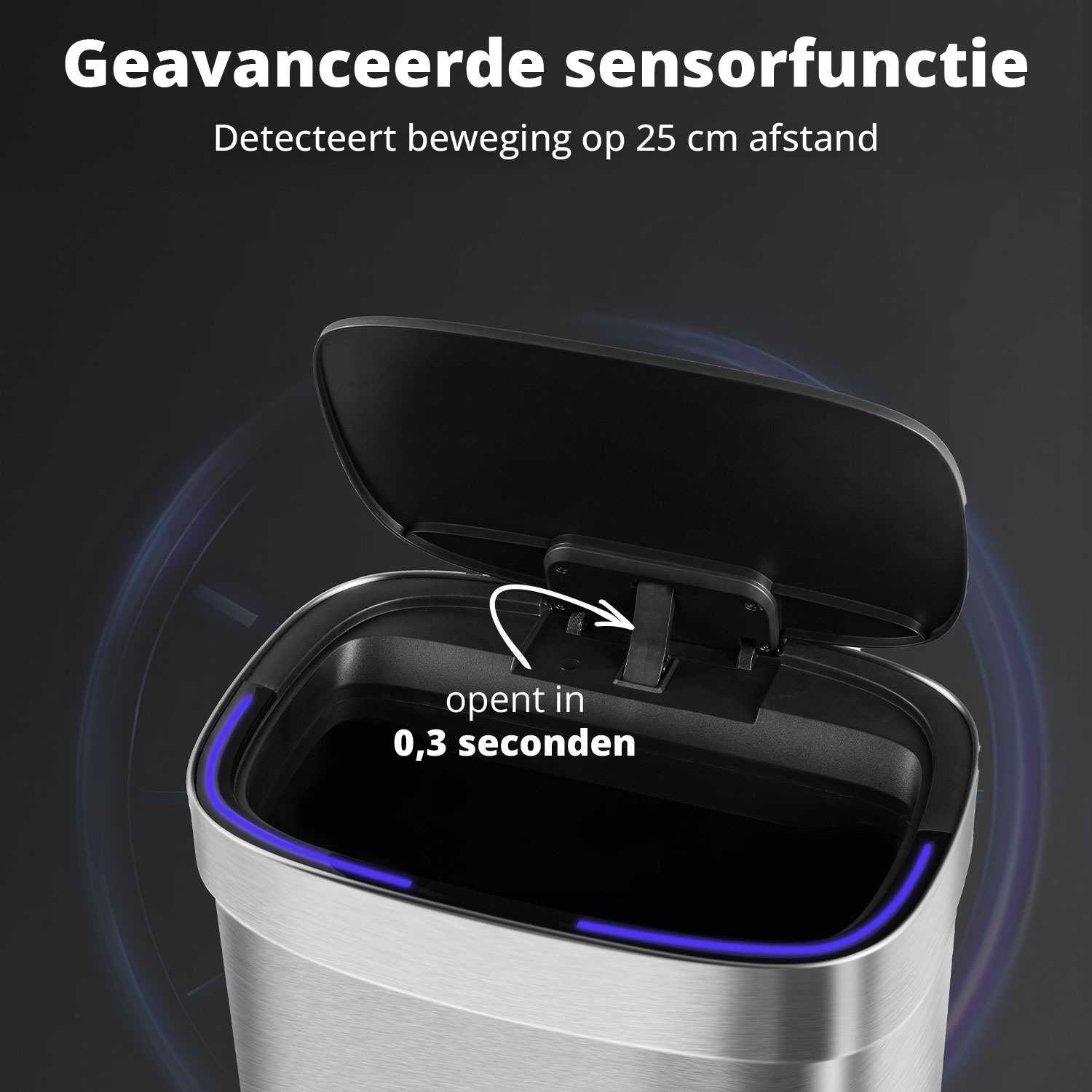 A stainless steel trash can with an open black lid. It has a blue light around the top edge. Text indicates sensor opens in 0.3 seconds.