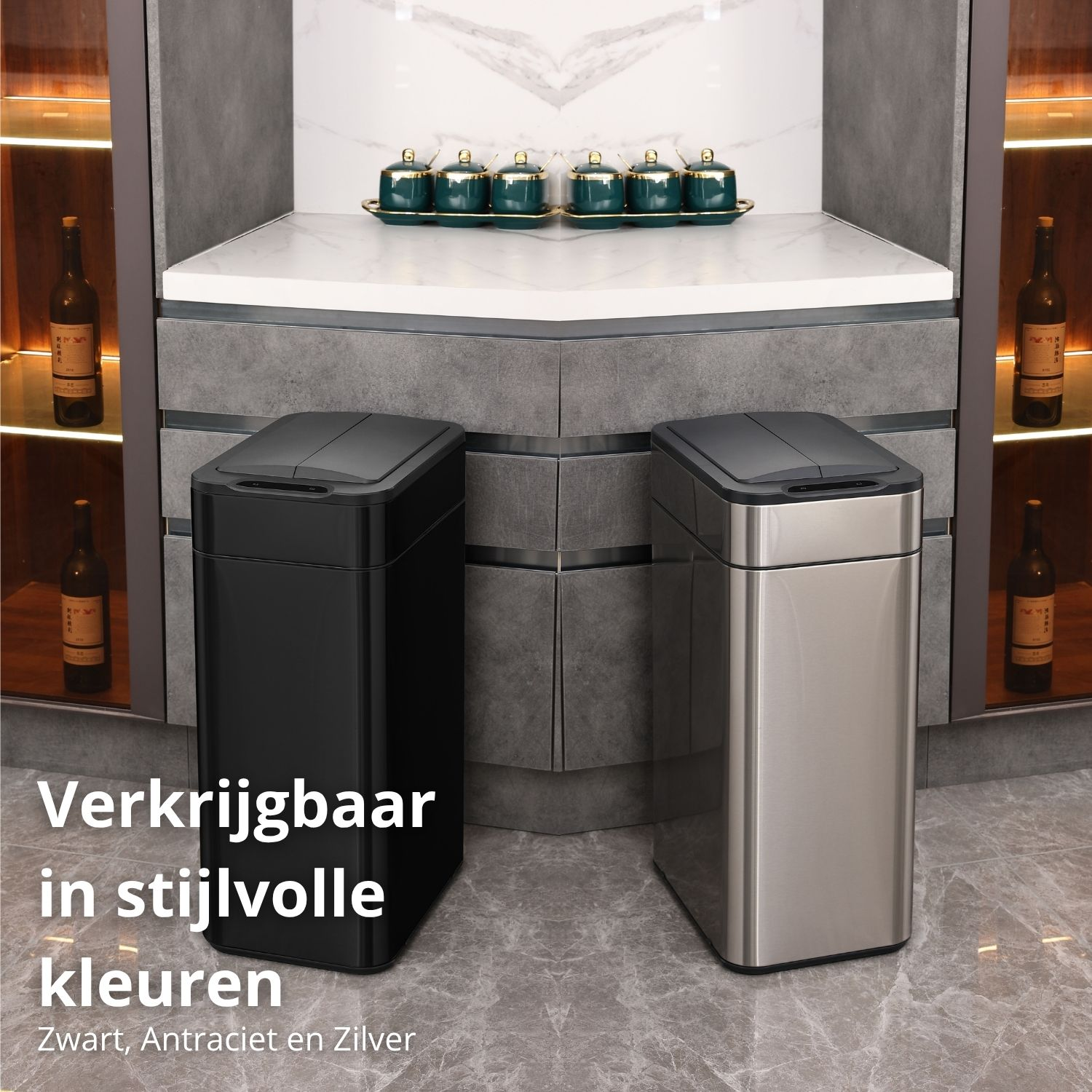 Two trash cans, black and silver, in a modern kitchen setting. Text: Available in stylish colors: Black, Anthracite, and Silver.