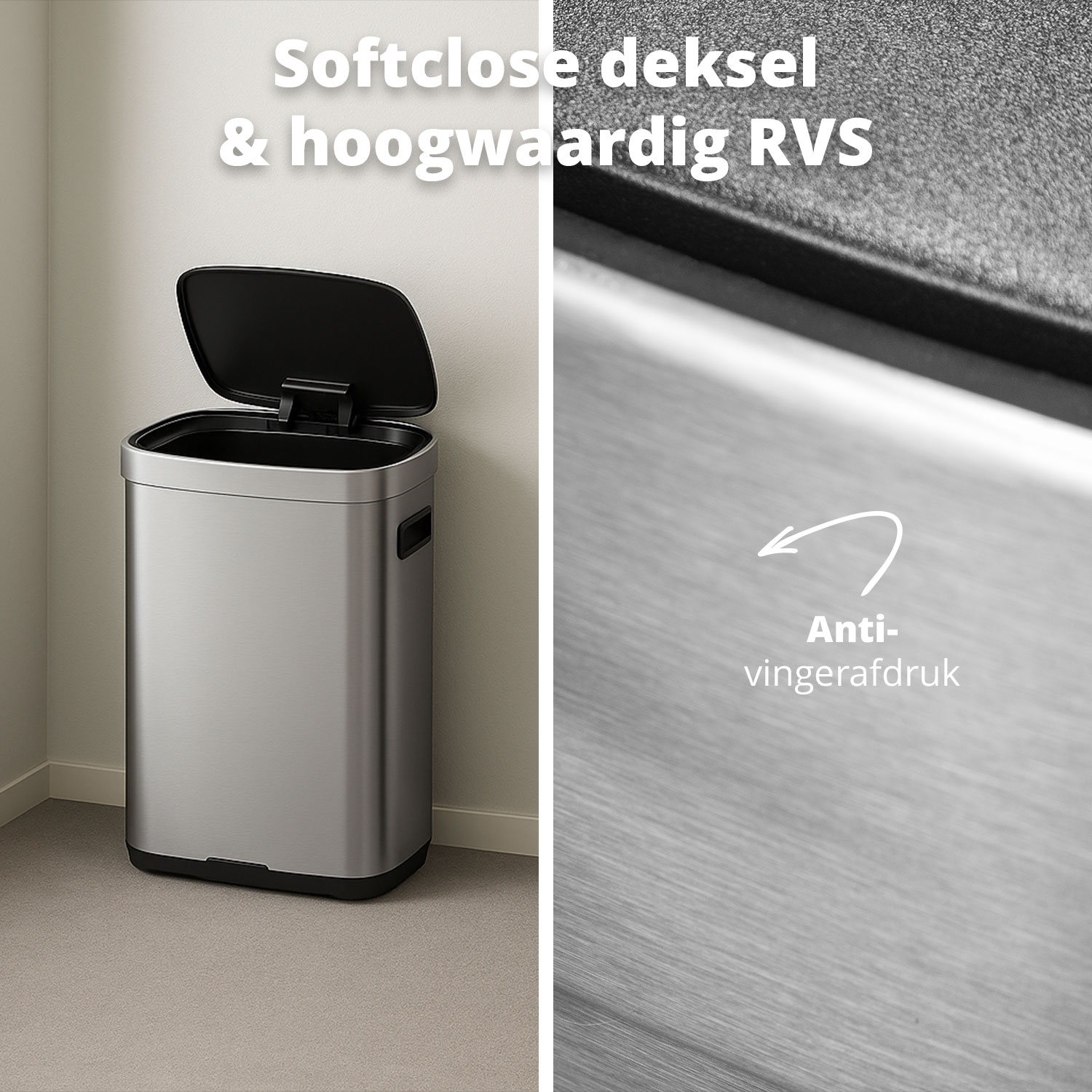 A stainless steel trash can with an open black lid. The text says: Softclose and high-quality stainless steel, and anti-fingerprint.