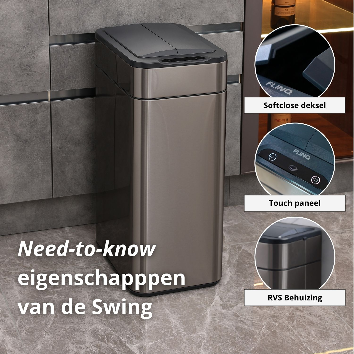 A stainless steel trash can with a touch panel and soft-close lid. Text says 'Need-to-know eigenschappen van de Swing'.