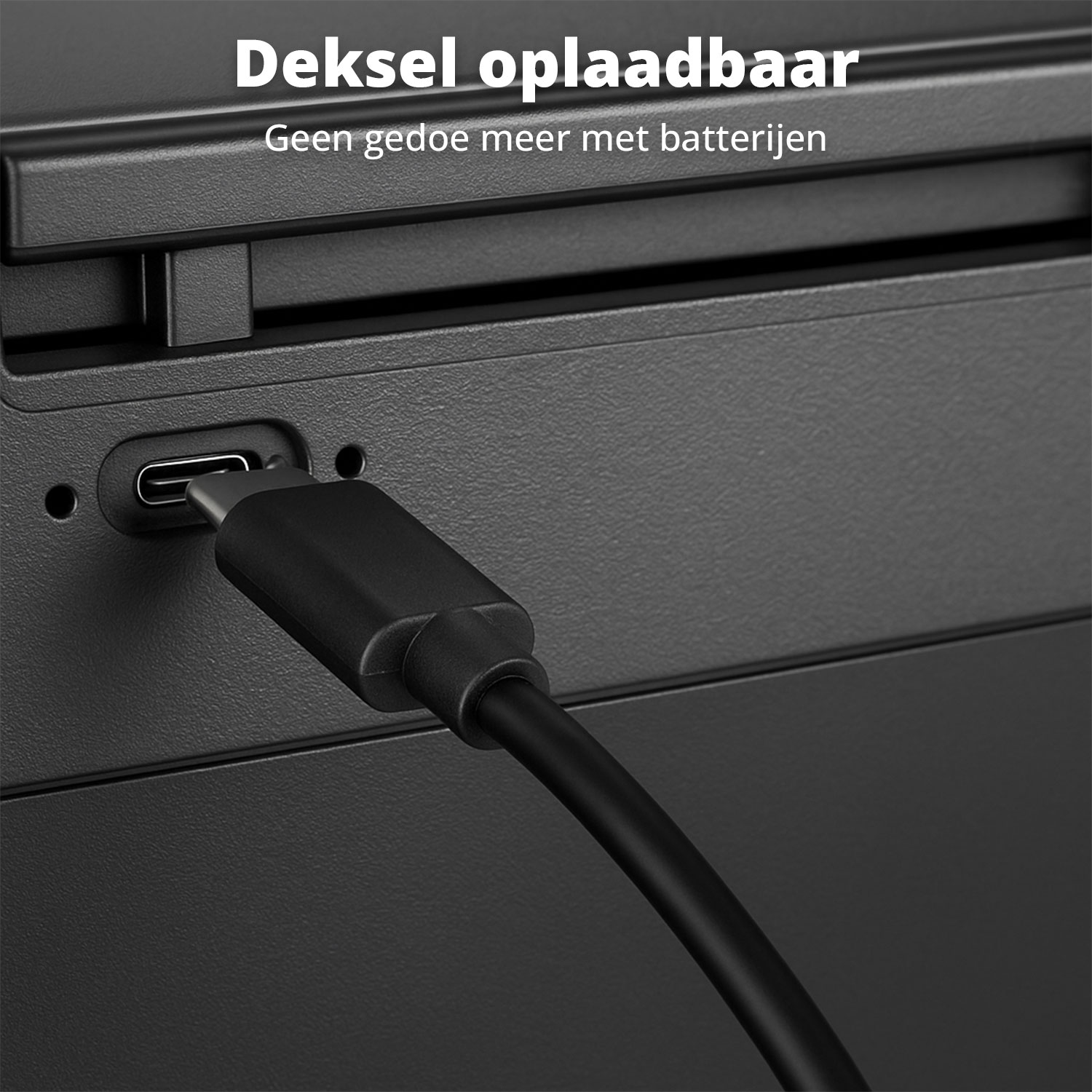 Black USB-C cable plugged into a device. The device is black. Text at the top says "Rechargeable lid". 