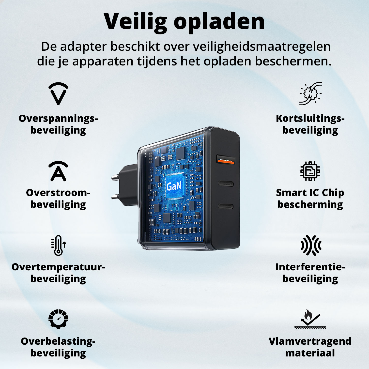 Un adaptateur avec des fonctions de sécurité. Les icônes représentent la surtension, la surintensité, la surchauffe, la surcharge, le court-circuit, la puce intelligente, les interférences et ignifuge.