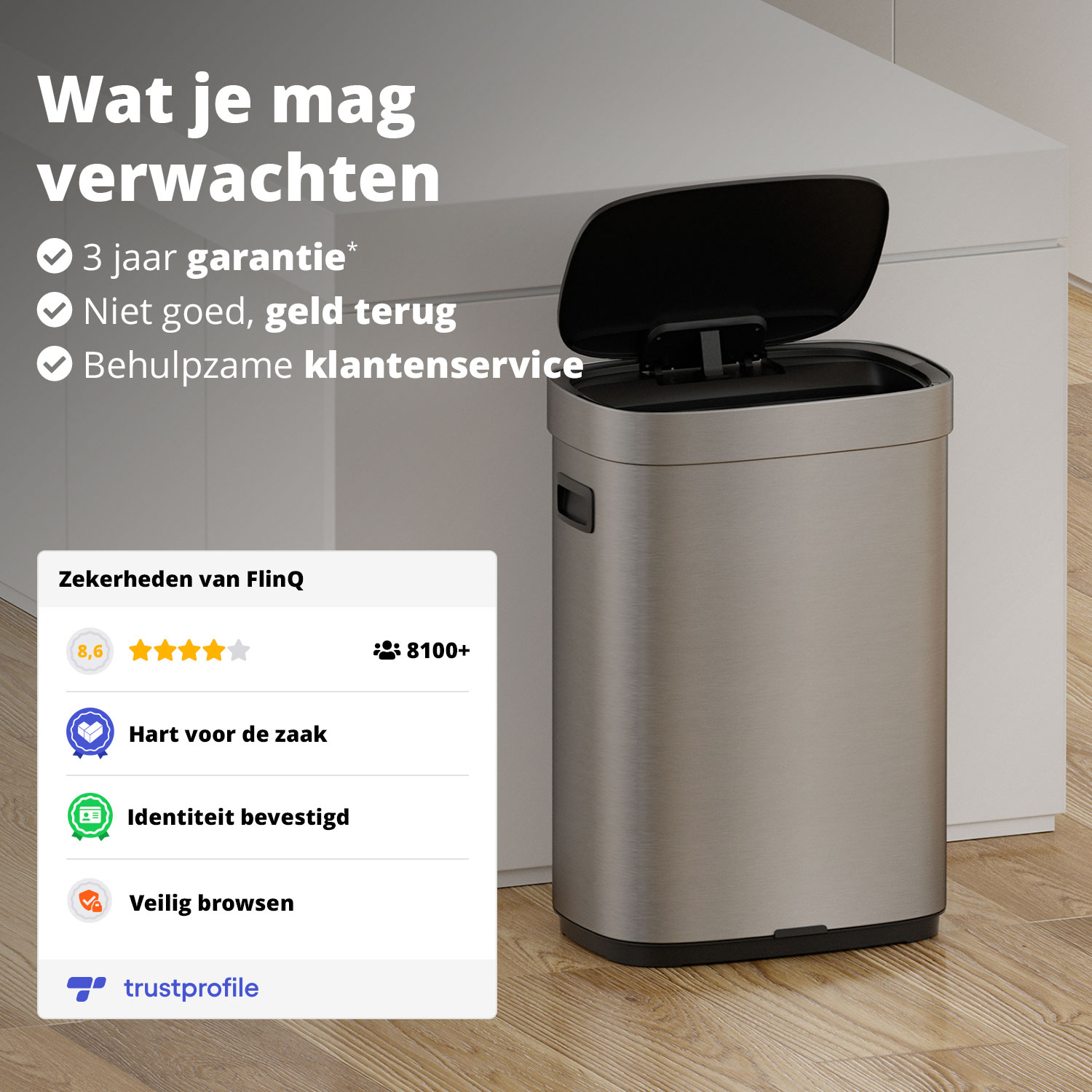 A stainless steel trash can with an open black lid. Text mentions '3 year guarantee' and 'money back'. A white box lists company assurances.