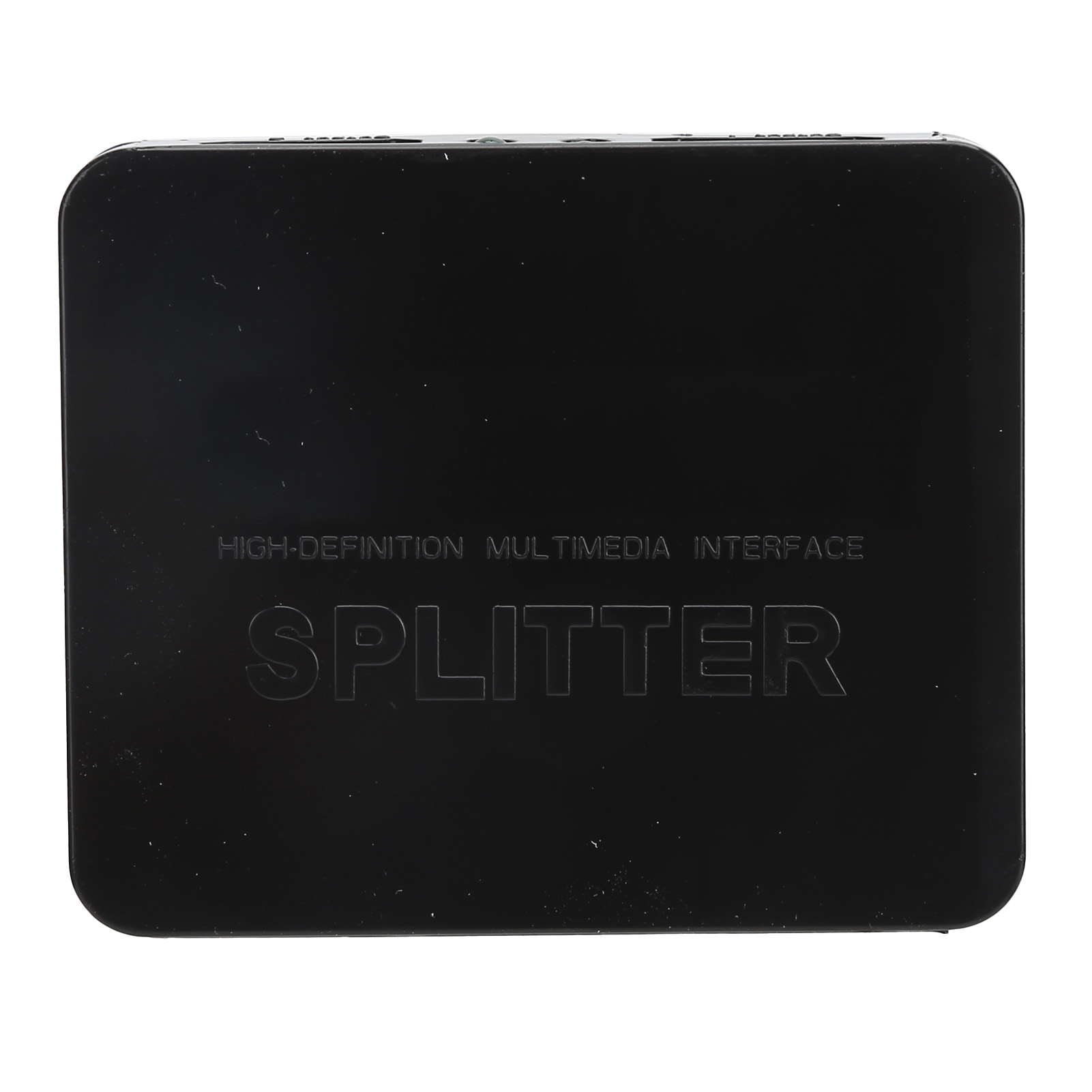 Ein schwarzer HDMI-Splitter mit dem Wort SPLITTER auf der Vorderseite. Darüber steht 'HIGH-DEFINITION MULTIMEDIA INTERFACE'.