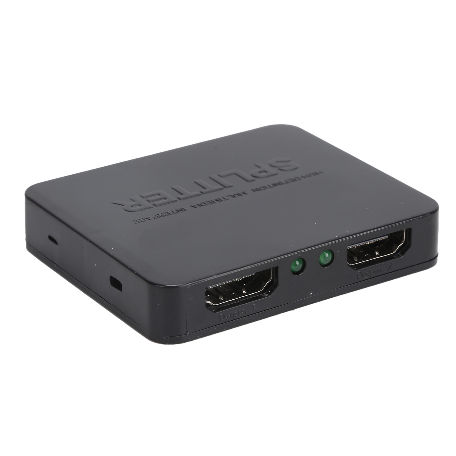 Schwarzer HDMI-Splitter. Er hat zwei Eingangs- und zwei Ausgangsanschlüsse. Er hat eine Power-LED und eine Signal-LED.