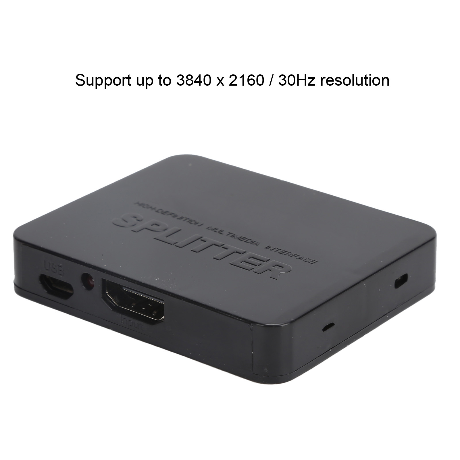 Ein schwarzer Splitter mit HDMI- und USB-Anschlüssen. Er unterstützt bis zu 3840 x 2160 Auflösung.
