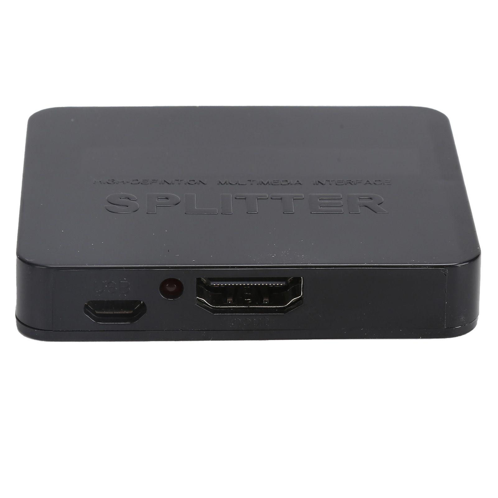 Schwarzer HDMI-Splitter mit dem Text 'HIGH-DEFINITION MULTIMEDIA INTERFACE SPLITTER'. Es hat USB- und HDMI-Anschlüsse.