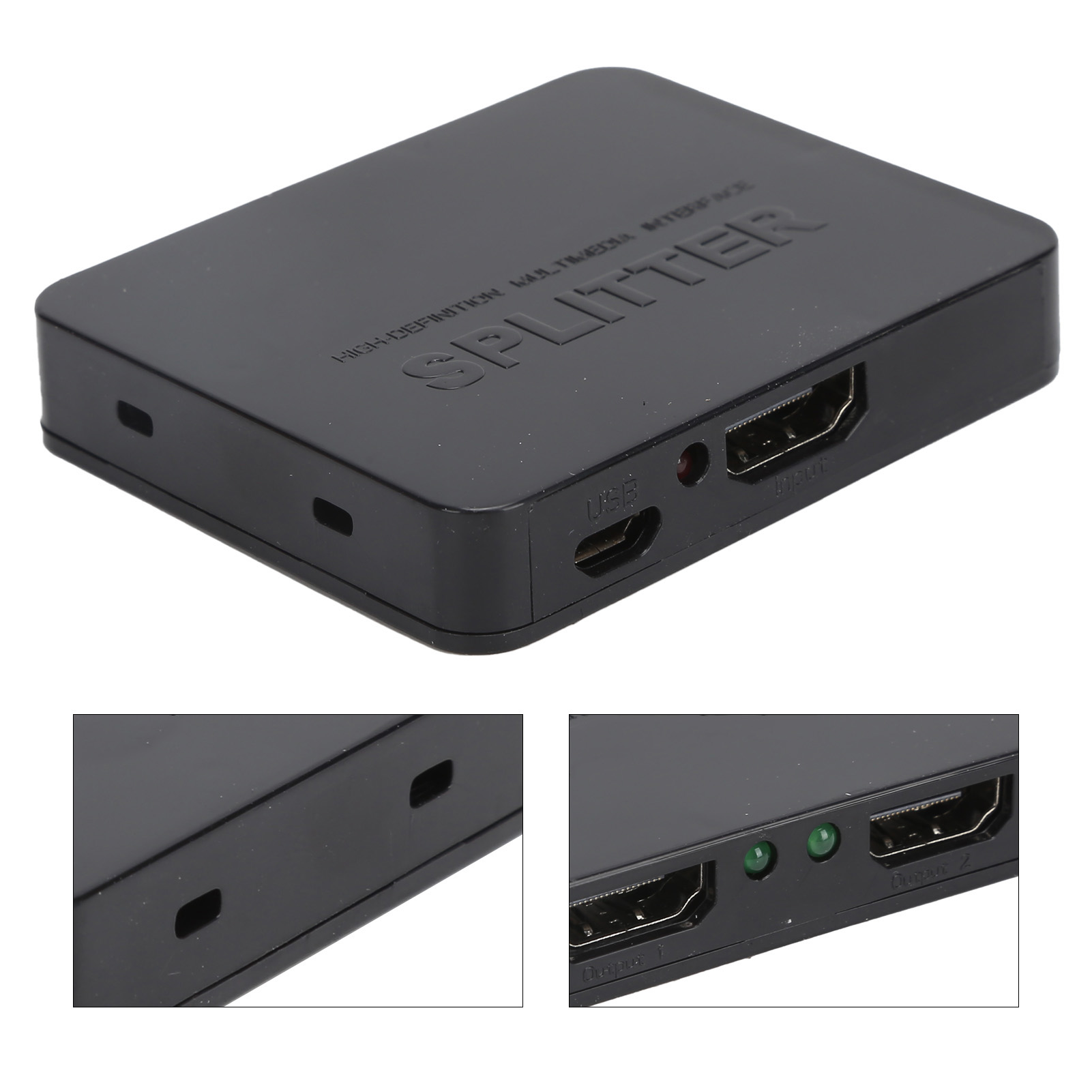 Schwarzer HDMI-Splitter mit Anschlüssen für USB, Eingang und Ausgang. Er trägt die Aufschrift "SPLITTER" und "HIGH-DEFINITION MULTIMEDIA INTERFACE".