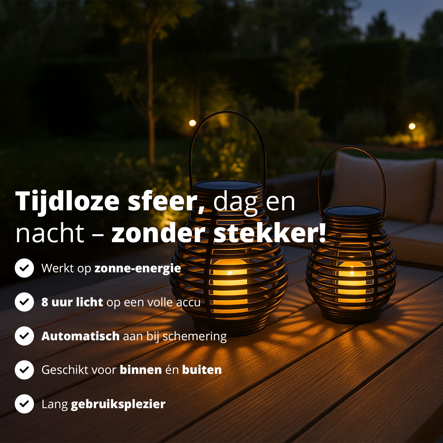 Two solar lanterns on a wooden table at dusk. Text highlights features such as solar power and automatic dimming.