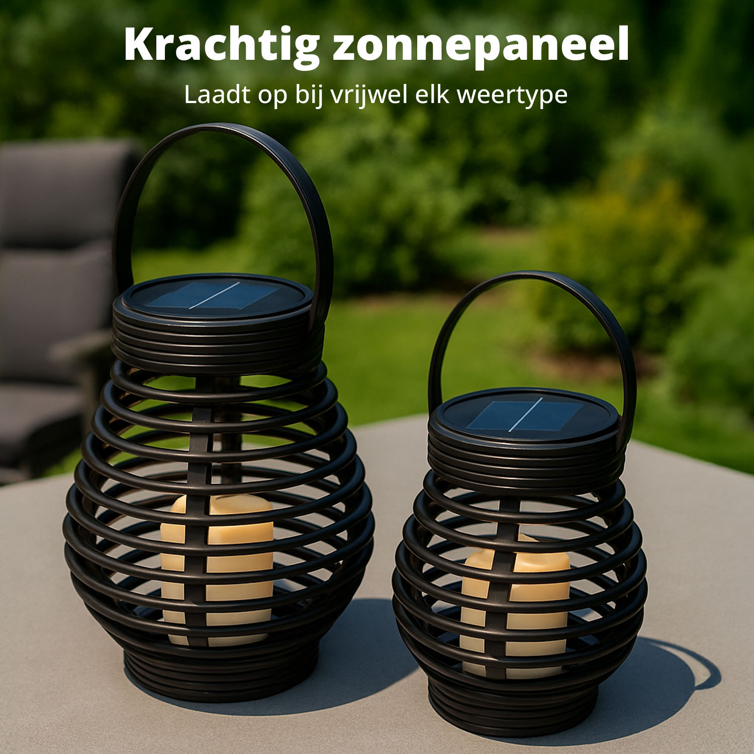 Two black solar lanterns on a table. One is large, the other smaller. Both have a candle-like light inside and a handle.