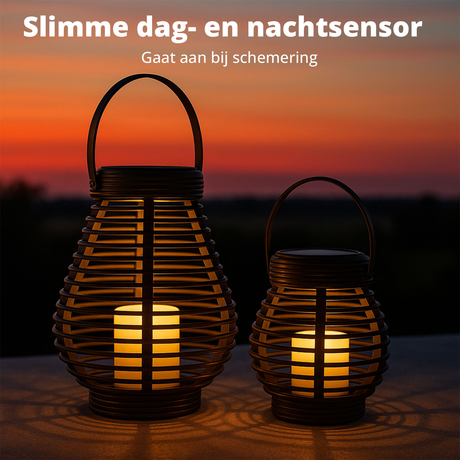 Two decorative lanterns with warm lights inside. Set against an orange sunset sky, the lanterns have a dark brown cage-like design.