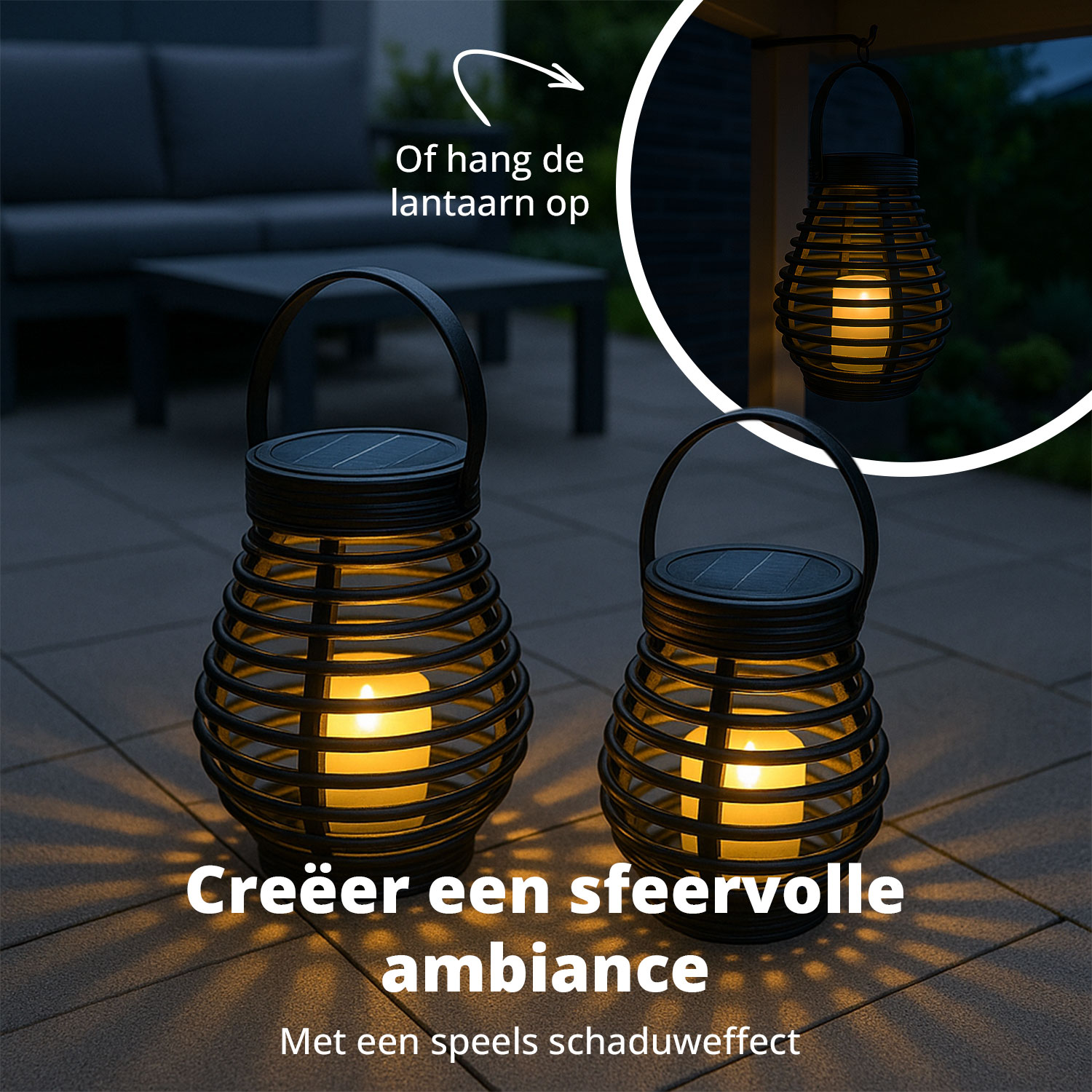 Two black solar lanterns with lit candles, casting shadows on a patio. One lantern is hanging. Text reads 'Create ambience'.
