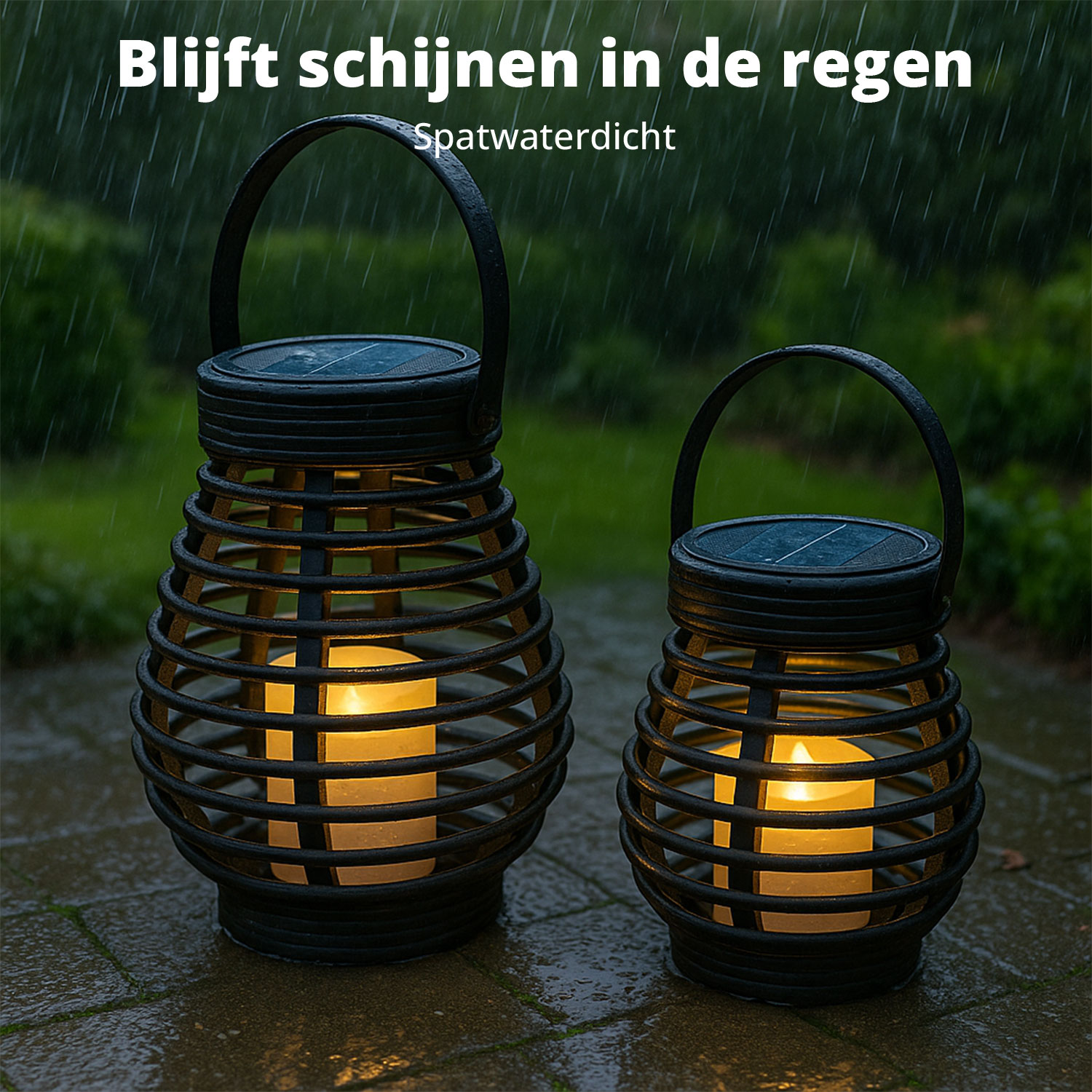 Two black solar lanterns in rain. They have a candle-like light inside. The background shows green bushes. The ground is wet.