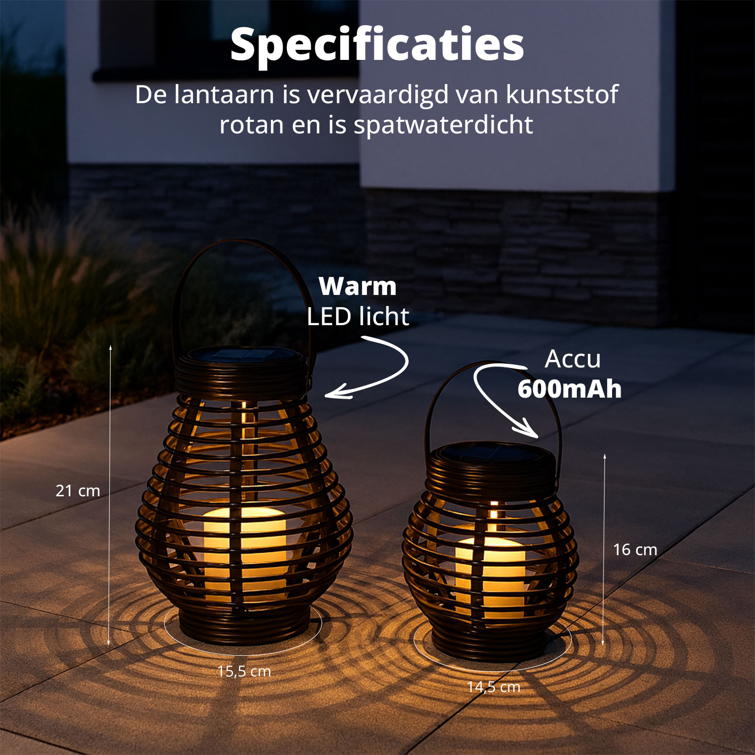 Two black rattan lanterns with warm LED light, dimensions are shown in cm. The text specifies it's made of plastic and is splash-proof.