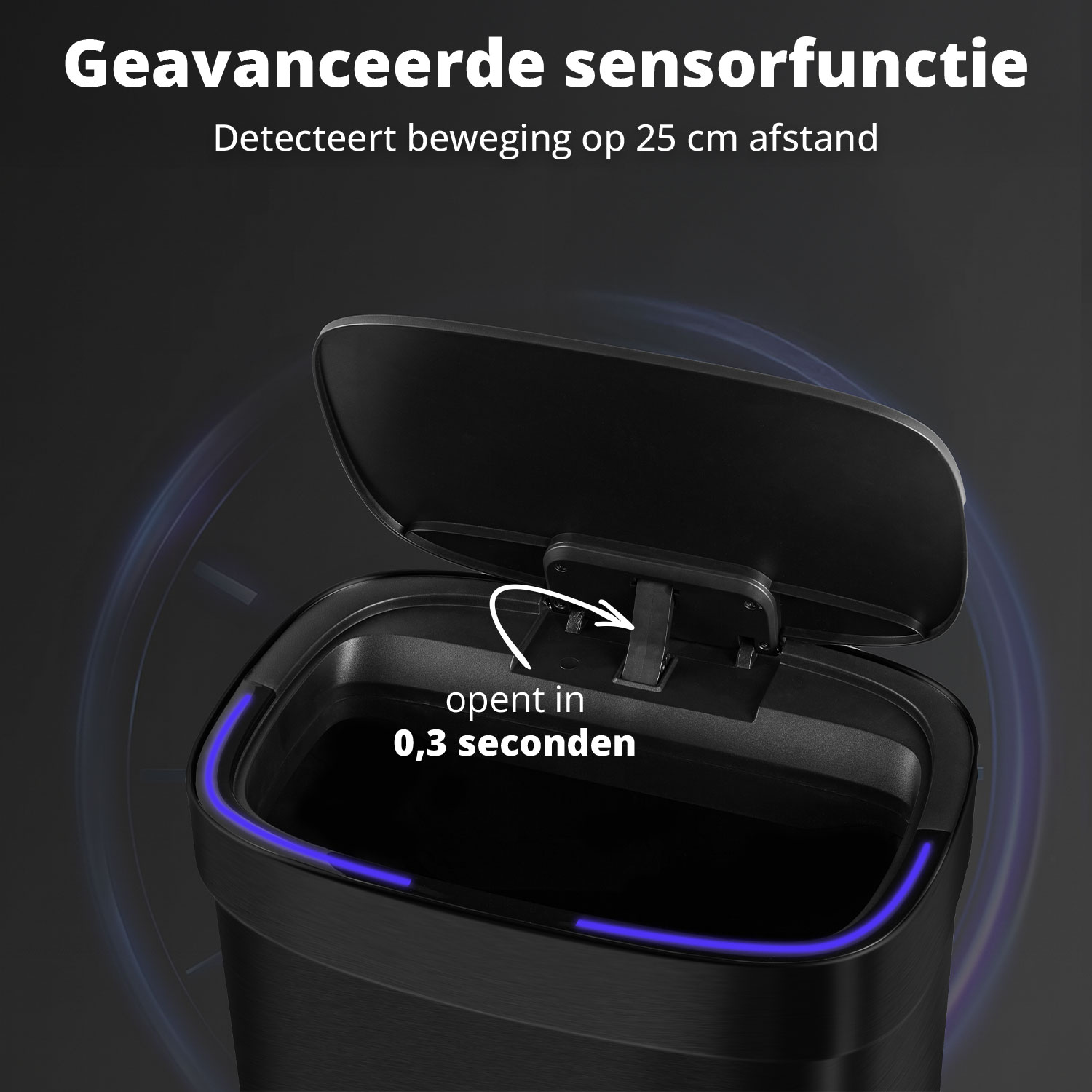 Black trash can with open lid. Text says 'opens in 0,3 seconds'. Blue light around the top.