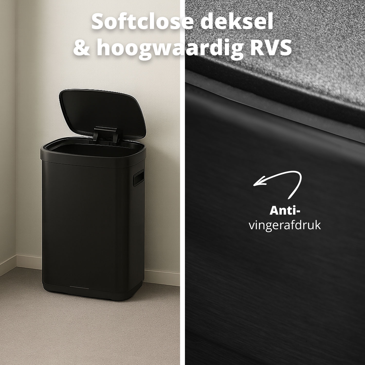 A black trash can with an open lid is in the left. The lid has soft-close and stainless steel. The right shows anti-fingerprint.