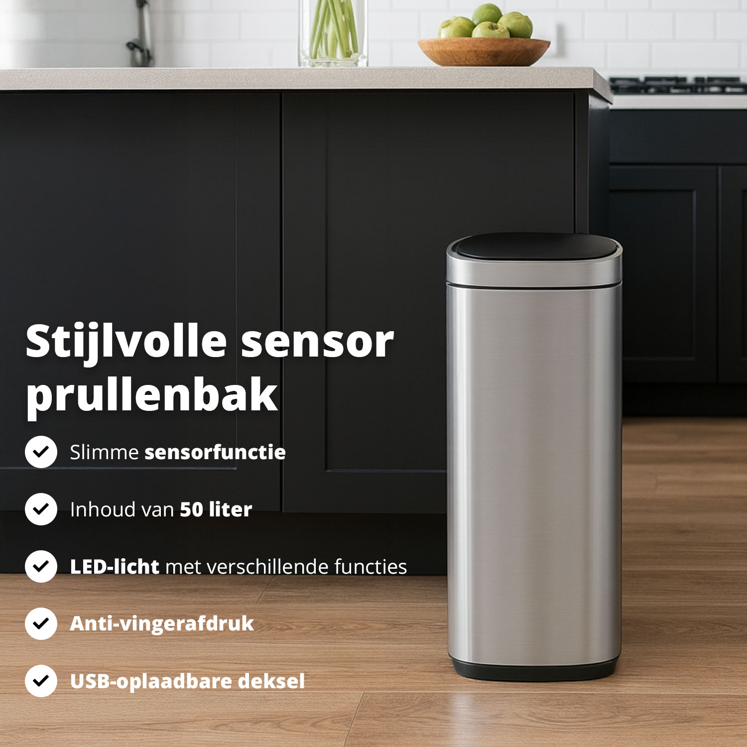 A stainless steel sensor trash can stands in front of black cabinets and a countertop. Text details its features.