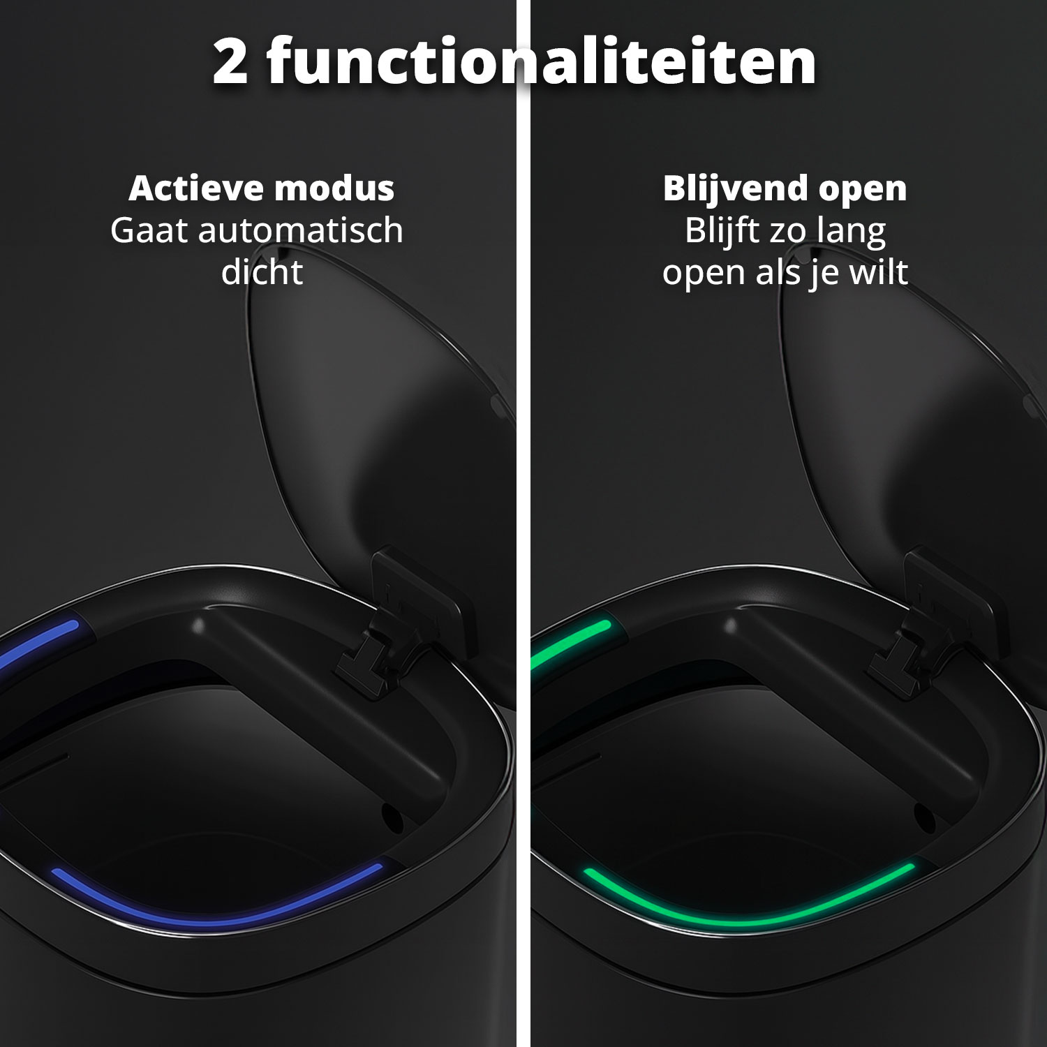 Two black trash cans, one with a blue glowing line and the other with a green glowing line, with text describing their functions.