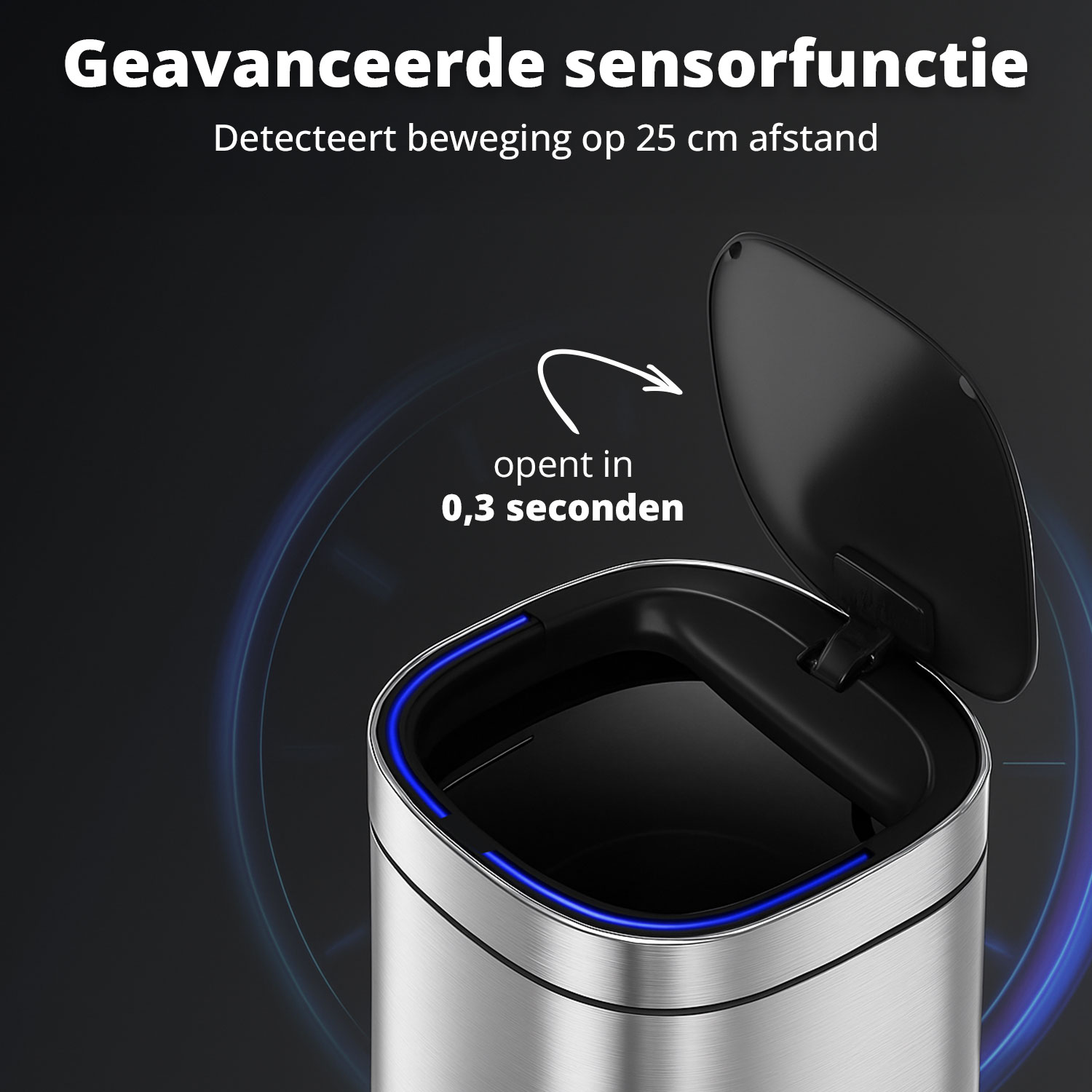 Silver trash can with open black lid. Text: Advanced sensor function. Detects movement at 25 cm. Opens in 0.3 seconds.
