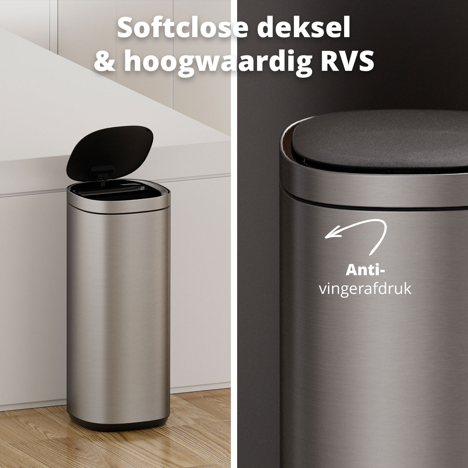 A stainless steel trash can with a black lid is open. Text says soft close and fingerprint resistant.