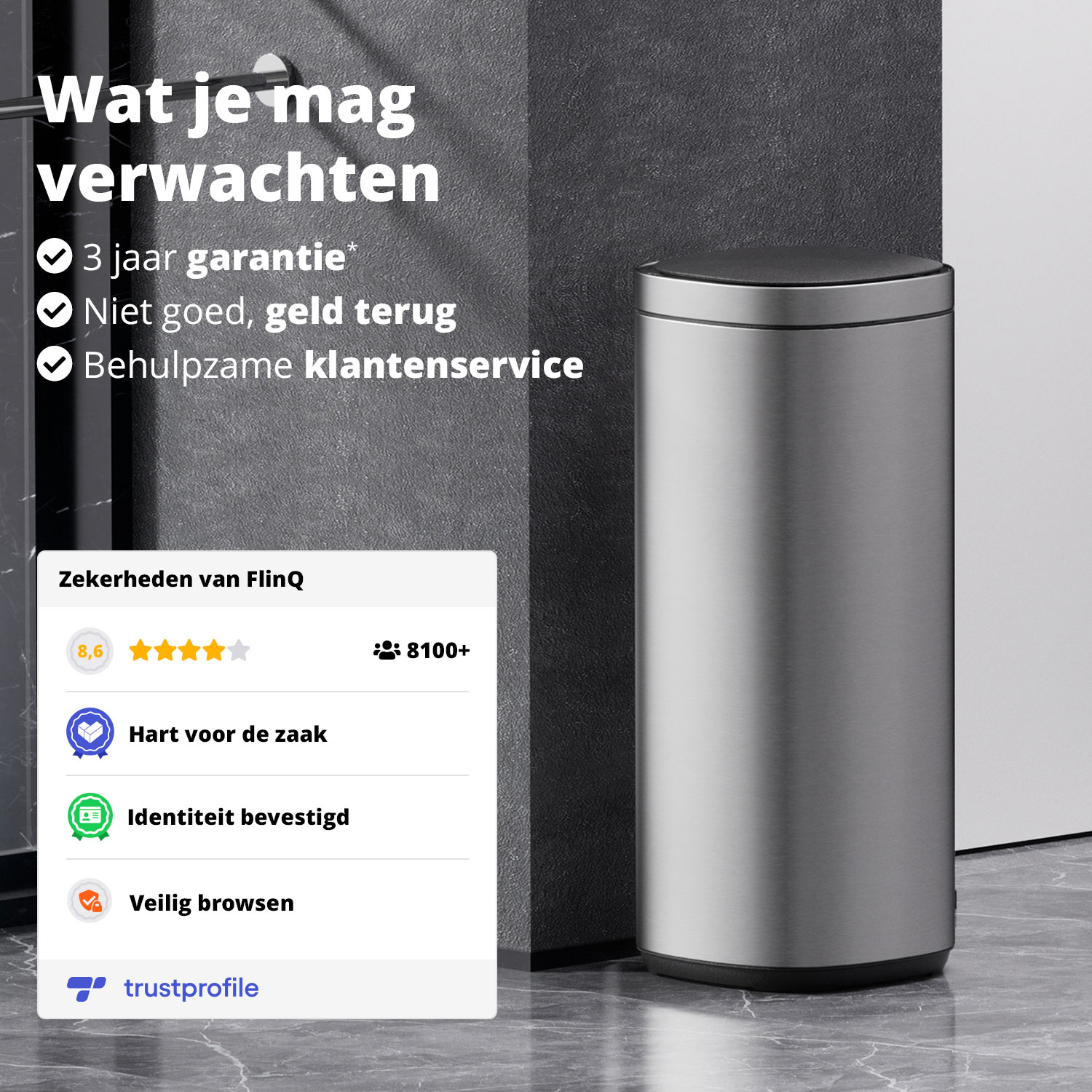 A metallic trash can stands next to a dark wall. Text on the left lists guarantees and assurance. A white box shows ratings.