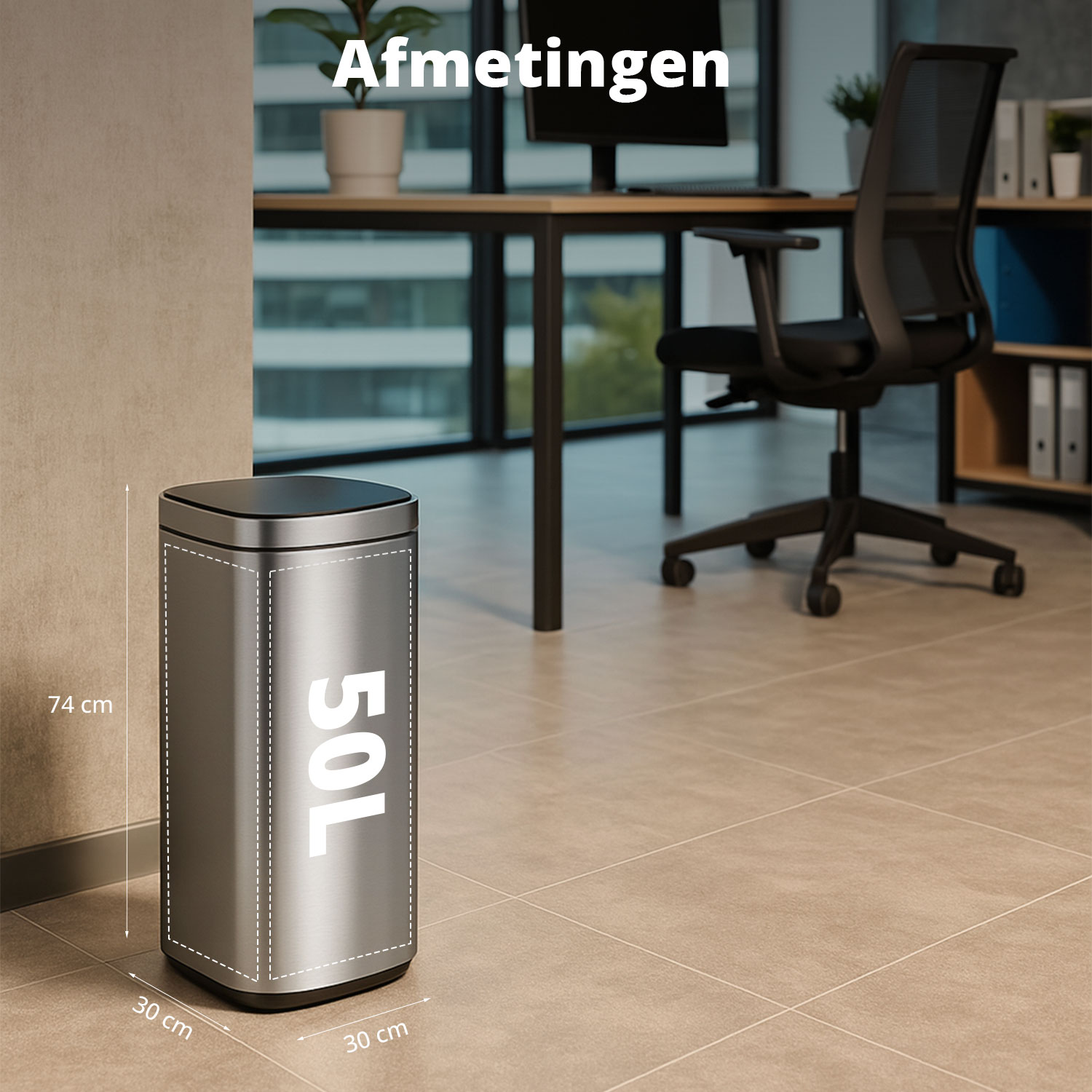 A silver 50L trash can with dimensions. Office setting with a desk, chair, and potted plant in background.