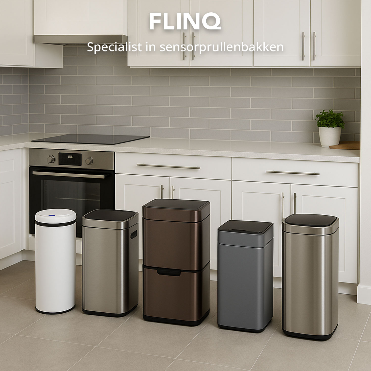 Kitchen scene with six trash cans of various shapes and colors. Cabinets, oven, and a plant are in the background.