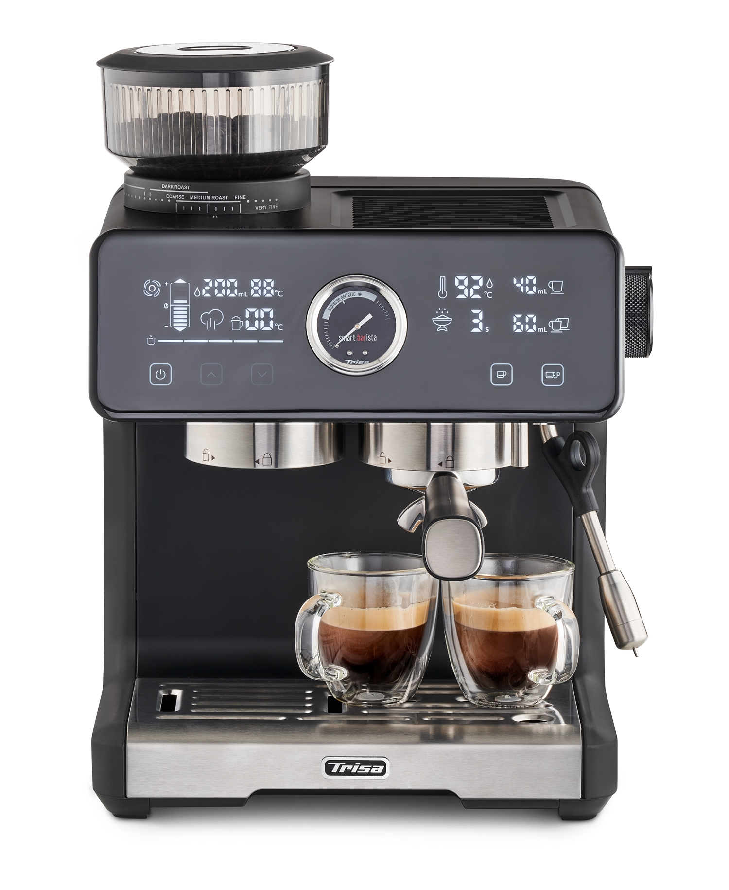 Espressomaschine mit Mahlwerk. Zwei Gläser Espresso unter den Düsen. Digitalanzeige zeigt Einstellungen.