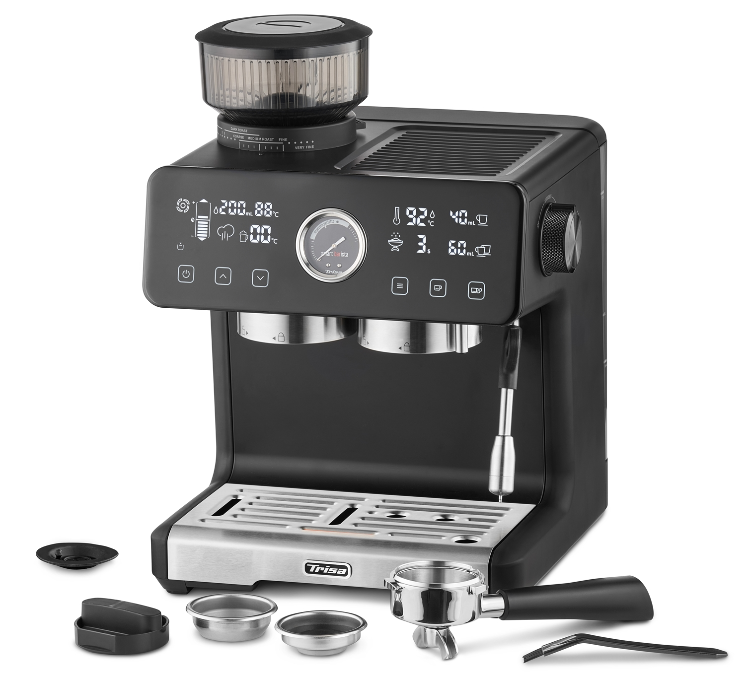 Eine schwarze Espressomaschine mit einem Mahlwerk oben. Sie hat ein digitales Display und mehrere Zubehörteile sind links platziert.