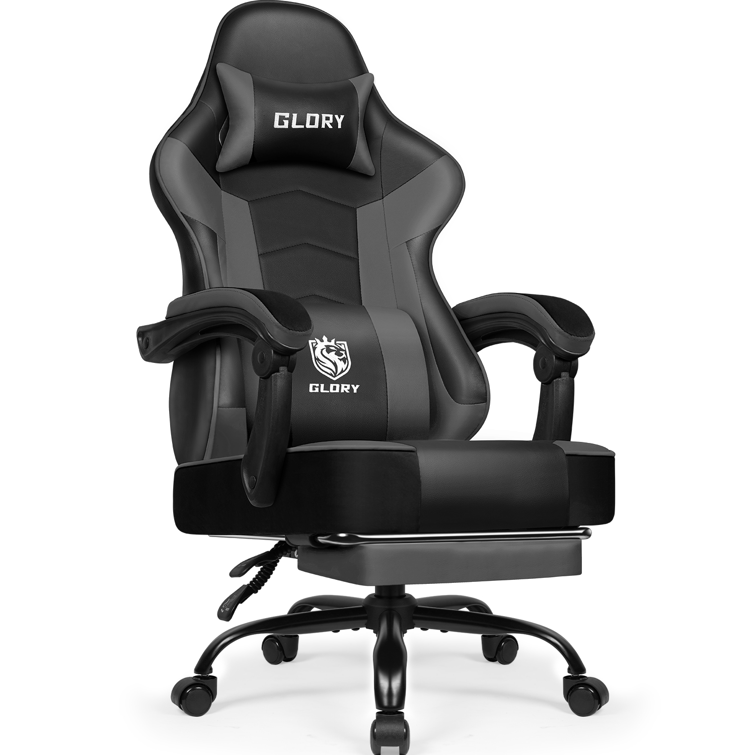 Ein schwarz-grauer Glory-Gaming-Stuhl mit Kopfstütze, Armlehnen und einem Logo auf der Rückenlehne. Er hat ein Fünf-Sterne-Gestell mit Rollen.