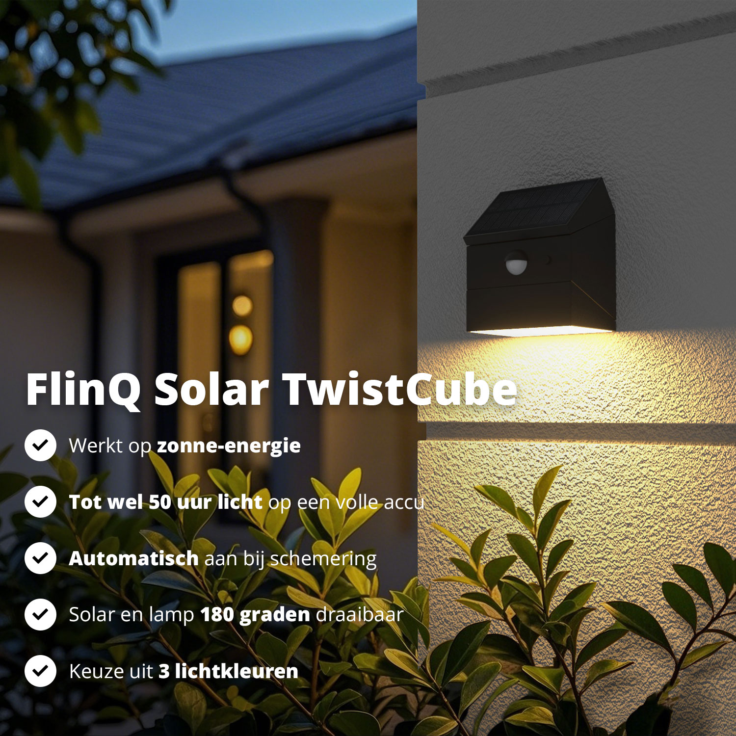 A black solar-powered light fixture on a wall. Text reads 'FlinQ Solar TwistCube' and details its features, including solar energy use.