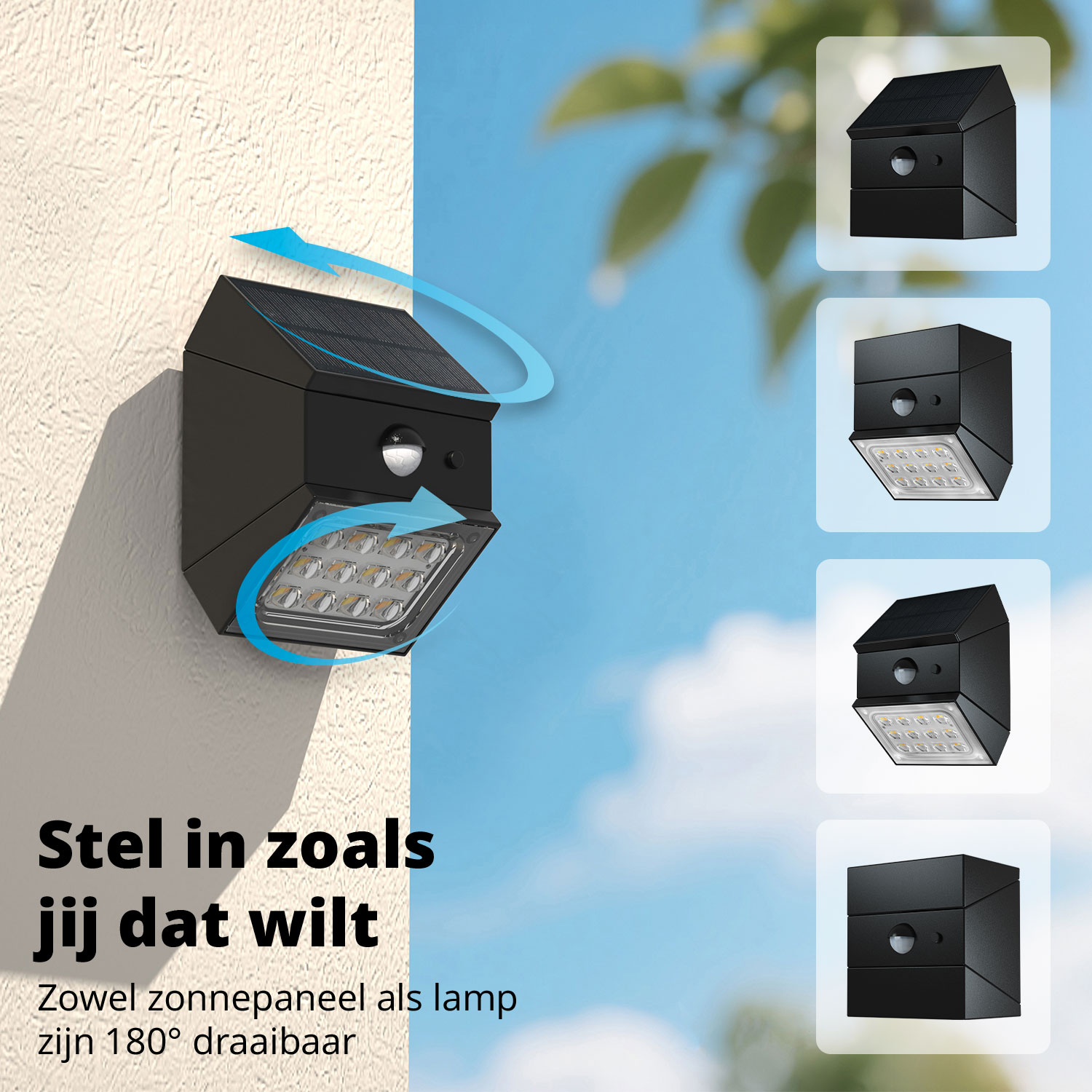 Black solar lamp on a wall with blue arrows indicating rotation. The lamp has a solar panel and adjustable light.