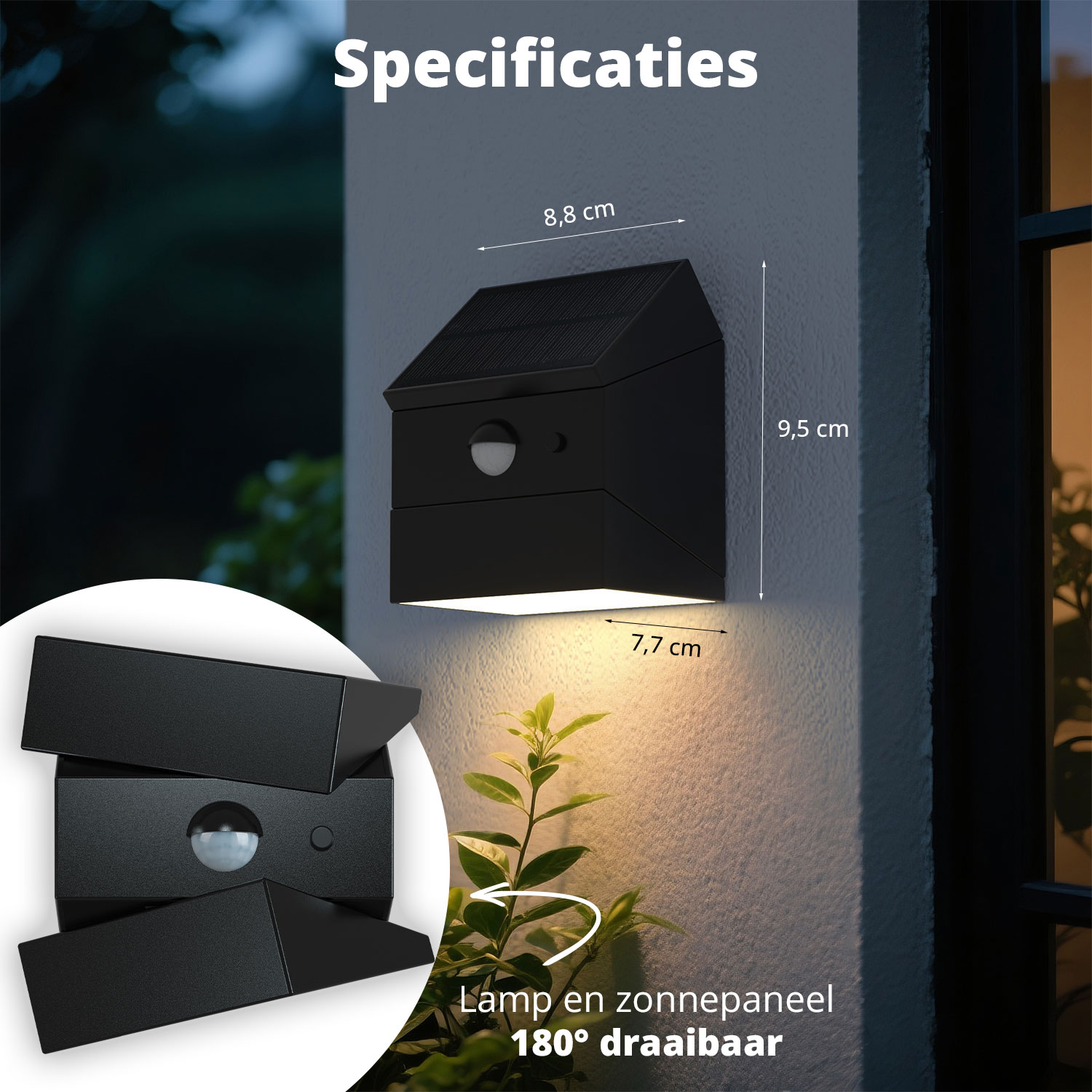 Black outdoor wall light with solar panel, motion sensor, and adjustable lamp. Dimensions are provided.