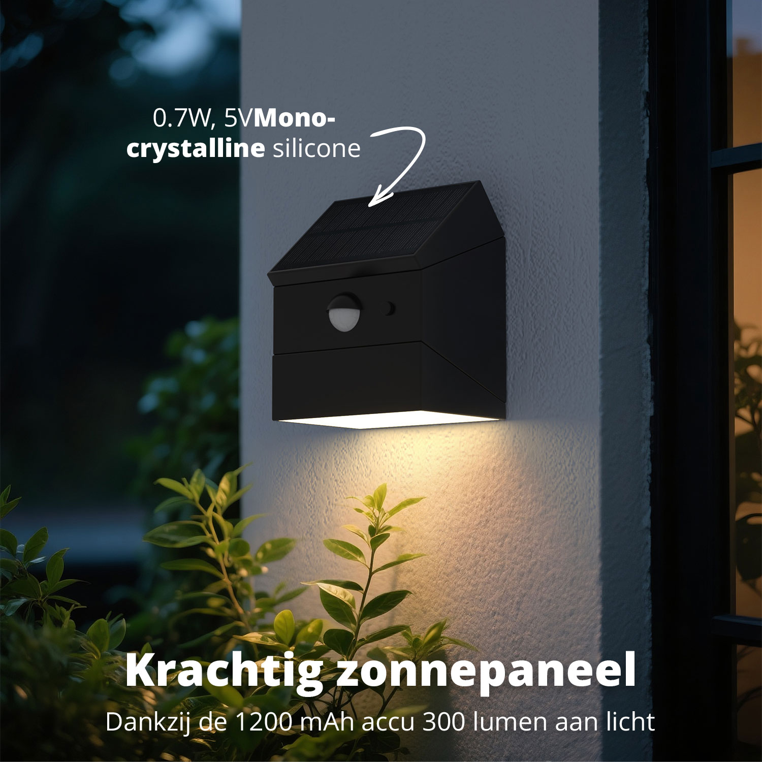 A black solar-powered light fixture mounted on a wall. It has a motion sensor and illuminates the surrounding plants.