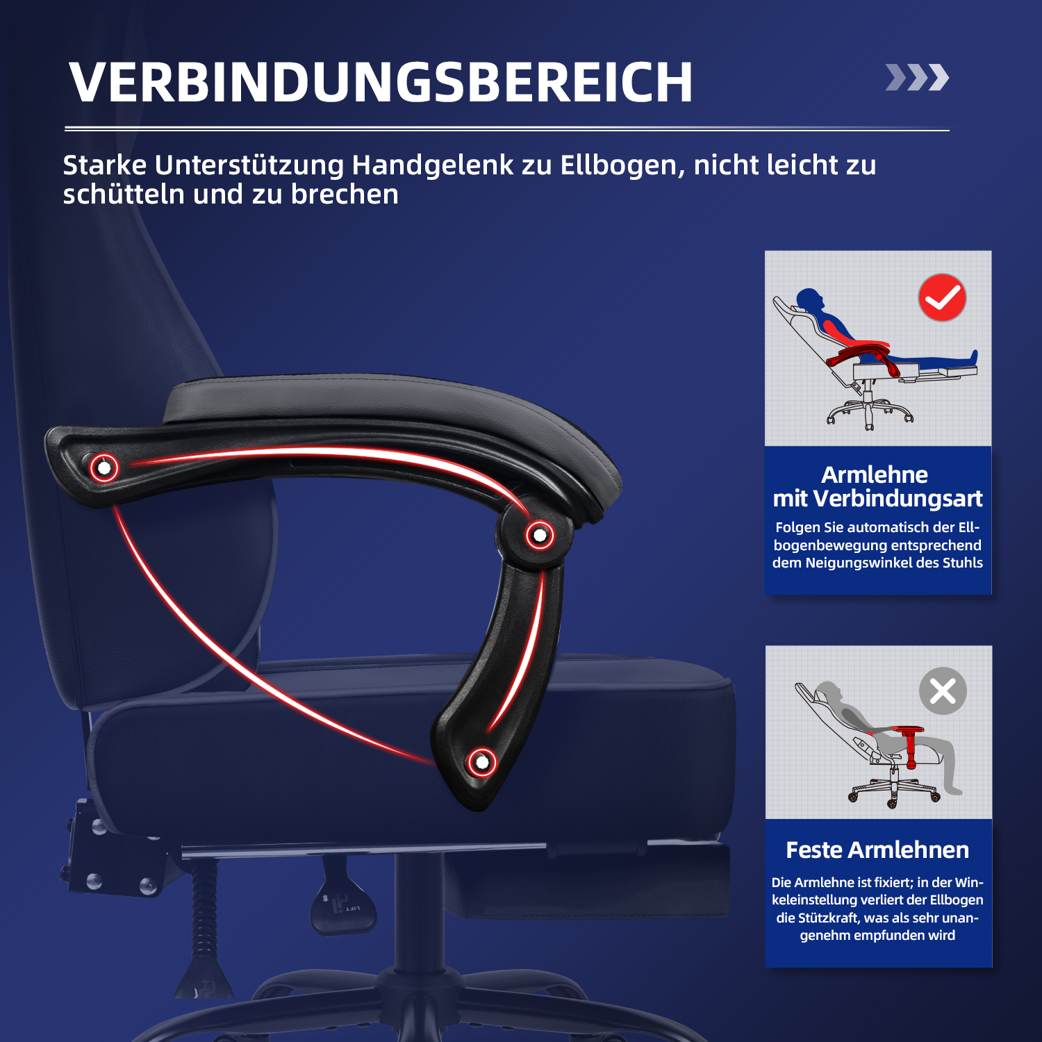 Ein Bürostuhl mit schwarzen Armlehnen. Diagramme zeigen flexible und feste Armlehnenoptionen und Text auf Deutsch.