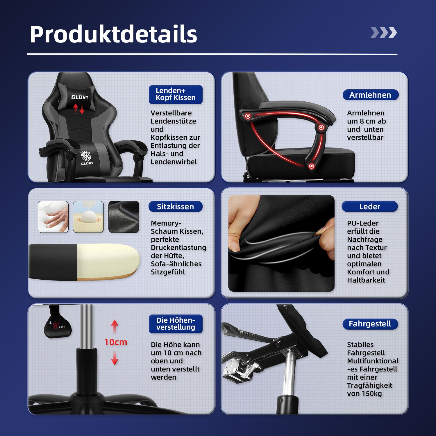 Detaillierte Produktmerkmale eines schwarz-grauen Gaming-Stuhls. Enthält Lendenwirbelstütze, verstellbare Armlehnen und PU-Leder.
