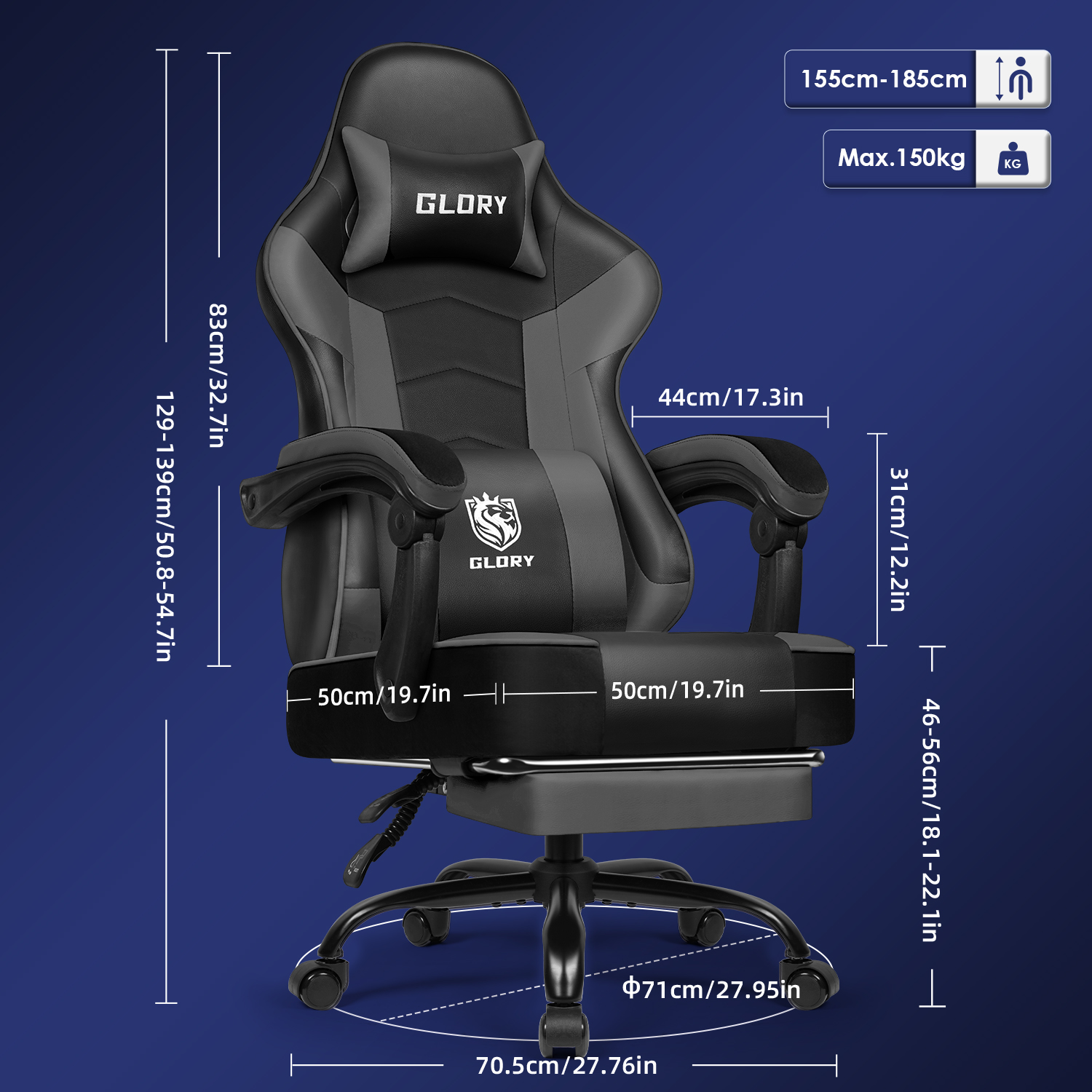 Schwarzer und grauer Gaming-Stuhl mit Maßangaben. Merkmale umfassen eine Kopfstütze mit "GLORY" und eine Fußstütze. Blauer Hintergrund.
