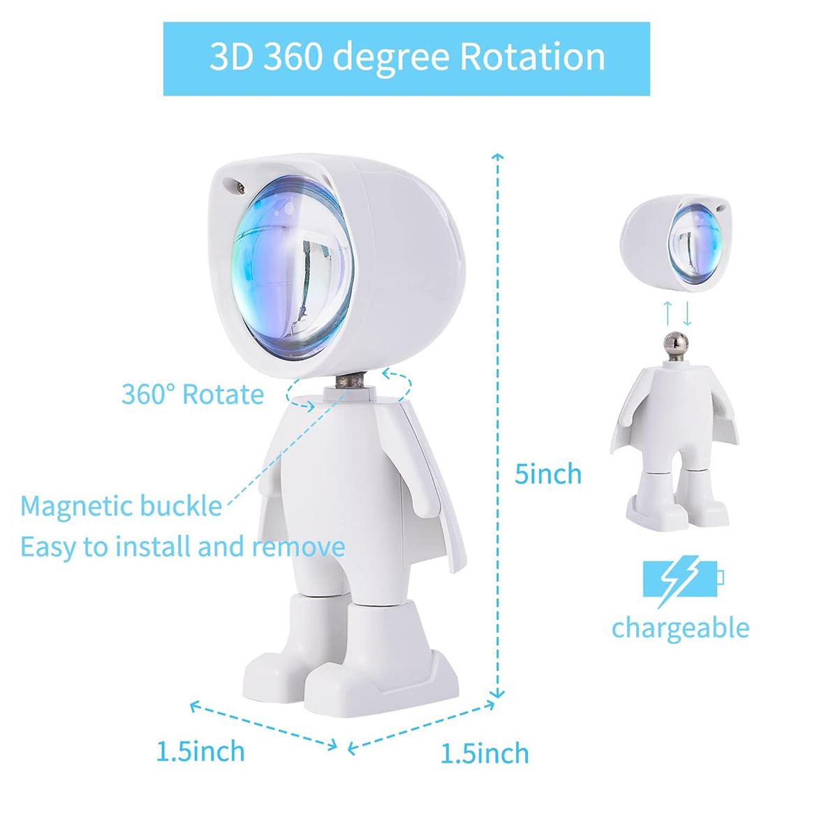 Eine weiße Lampe in Form eines Roboters mit einer Lichtlinse. Sie hat einen abnehmbaren Kopf und ist mit 'wiederaufladbar' beschriftet.