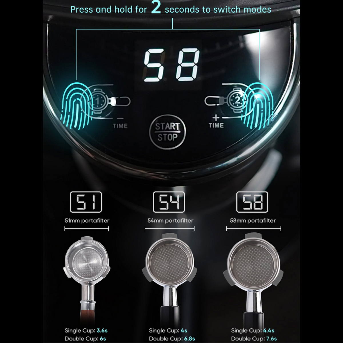 Wyświetlacz cyfrowy z '58'. Poniżej kolby: 51mm, 54mm, 58mm. Tekst pokazuje czasy dla pojedynczej/podwójnej filiżanki.