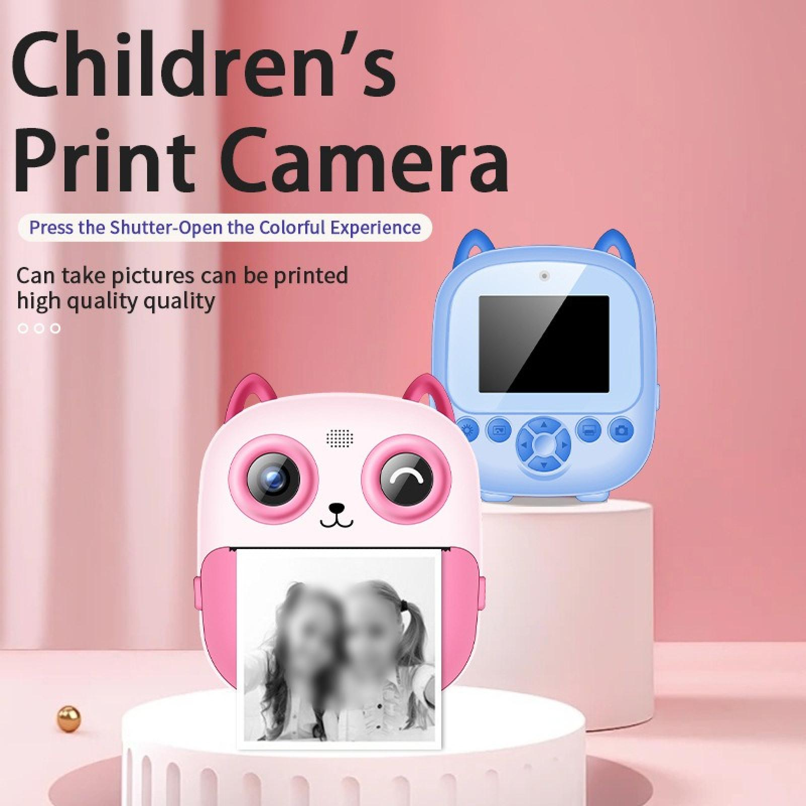 Eine rosa und blaue Kinder-Druckkamera. Die rosa Kamera hat ein gedrucktes Foto. Text: Kinder-Druckkamera.