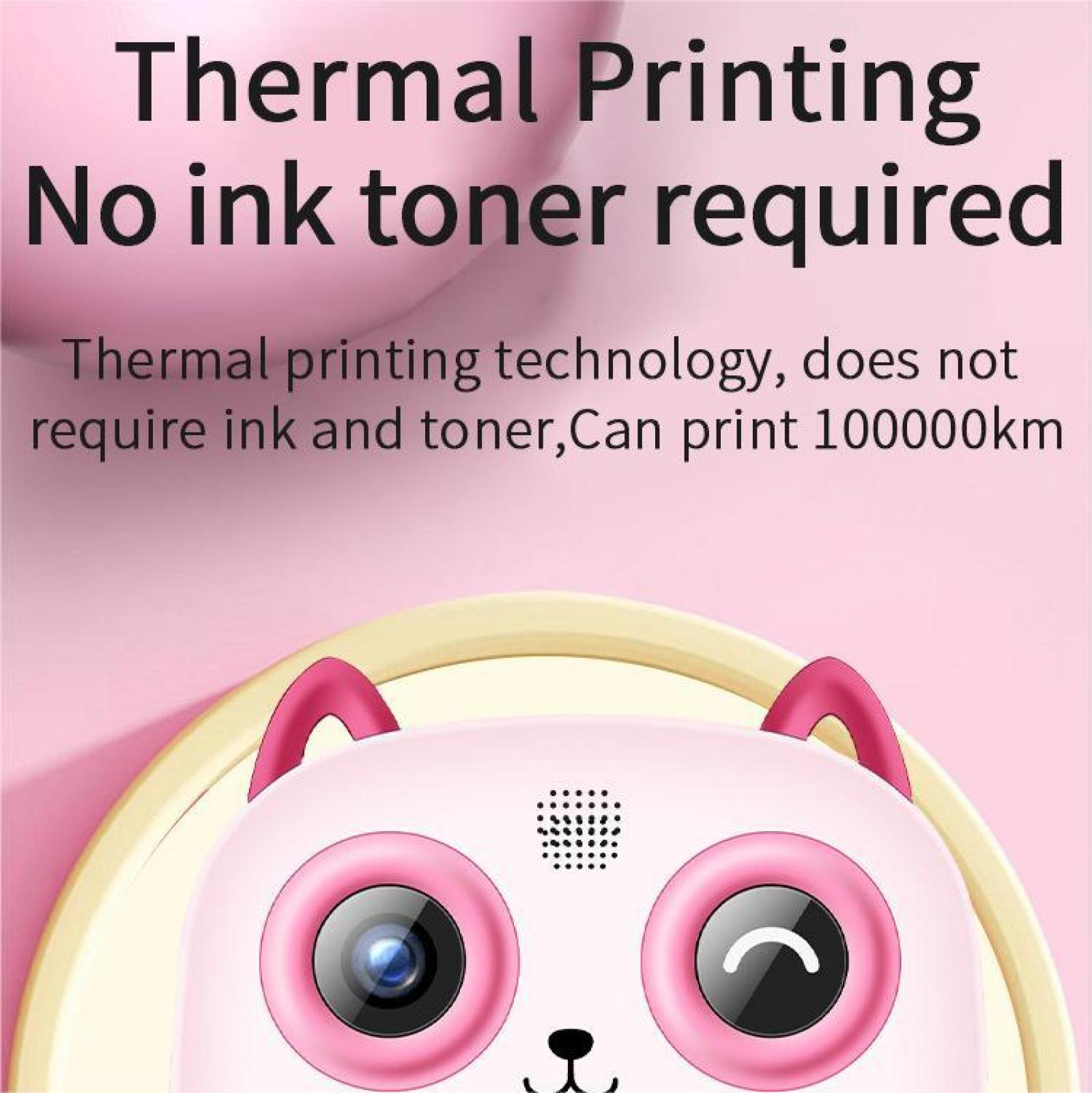 Rosa Kamera mit Katzenohren, Text: Thermodruck. Beschreibung besagt, dass keine Tinte oder Toner benötigt werden. Thermodrucktechnologie, kann 100000 km drucken.