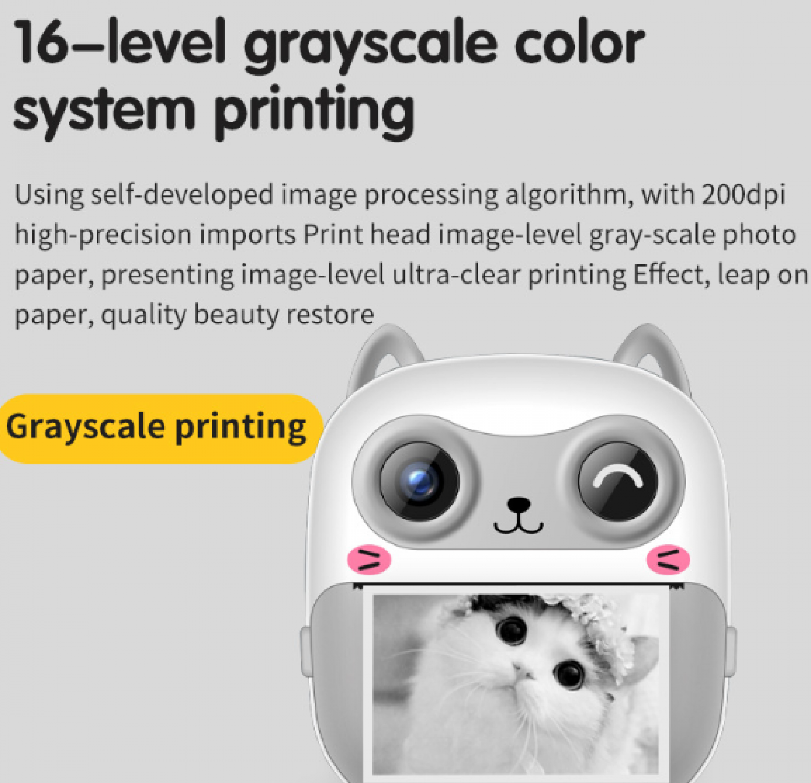 Ein weißer Drucker mit Katzenkopf druckt ein Graustufenfoto einer Katze. Text erwähnt Graustufenfarbdruck.